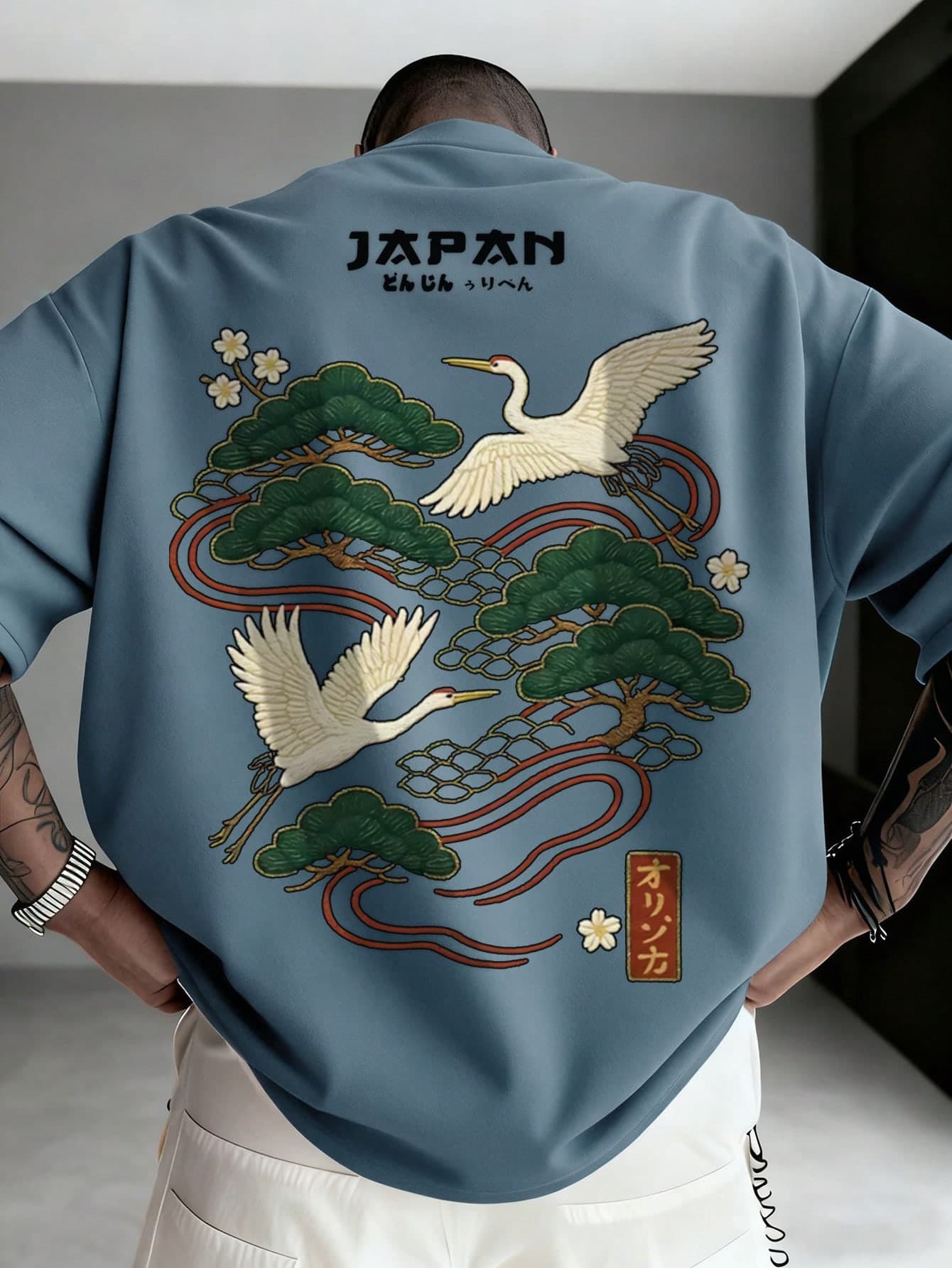 Zrgoth Men's Casual Versatile Minimalist Japanese Crane Print Short Sleeve T-Shirt