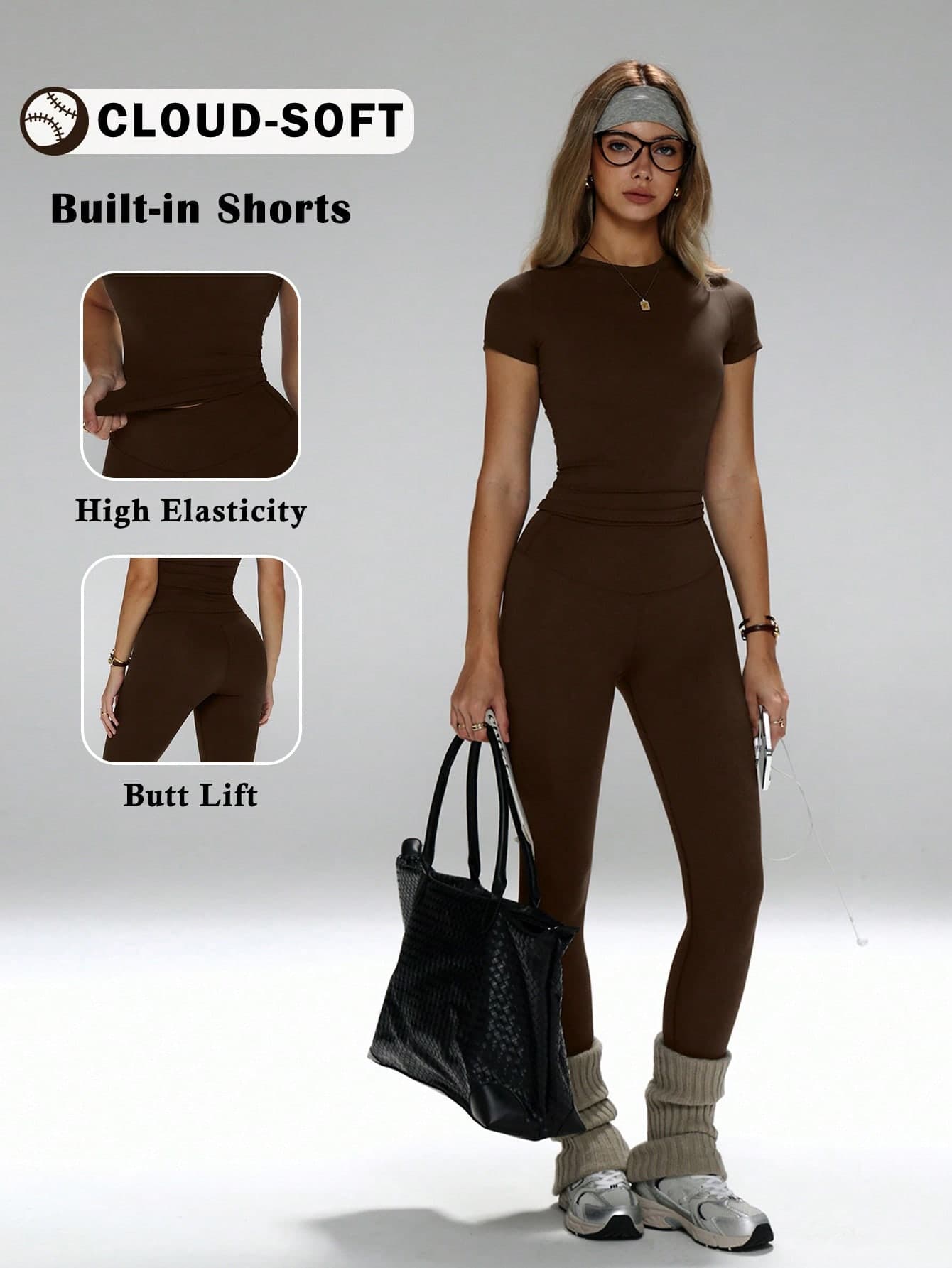 FWH #All-Match All-Season# Shaping Versatile Style Slimming & Flattering, Multi-Occasion Wear, Tummy Control & Leg Lengthening, Yoga, Workout, Casual Everyday All-Match Versatile, Slim Fit Round Neck T-Shirt & High Waist Yoga Pants, High Waist Sports Leggings + Slim Fit Round Neck T-Shirt, Fashion Essential 2-Piece Set, Women's Slimming Sports Yoga 2-Piece Set