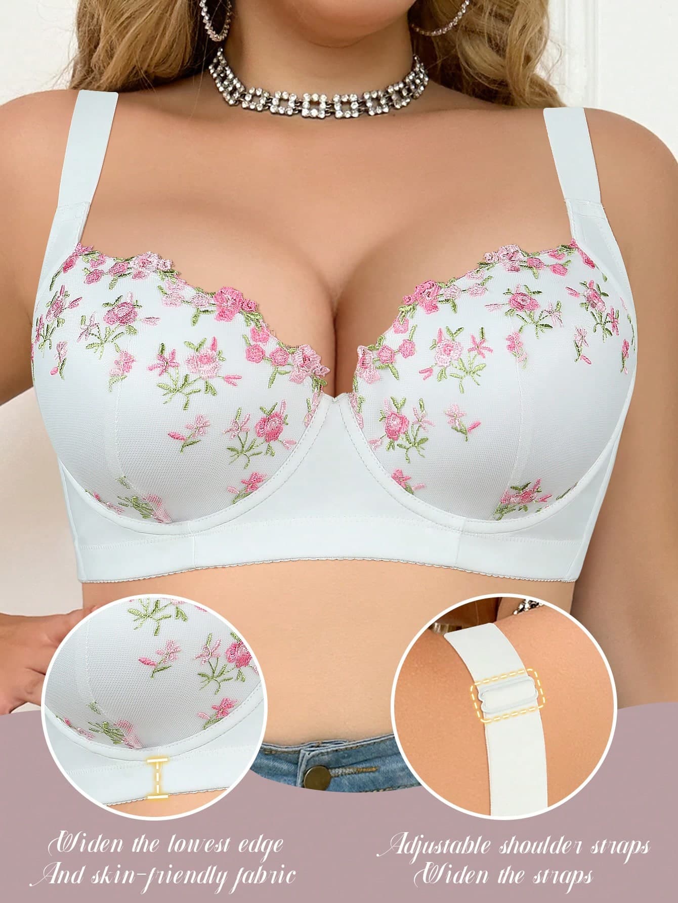 mimilemon Plus Size Women's Underwire Underwire Bra With Floral Embroidery And Lace Accents - Side Support, Shaping, Skin-Friendly Fabric, Sexy & Fashionable, Suitable For Daily Wear And Special Occasions
