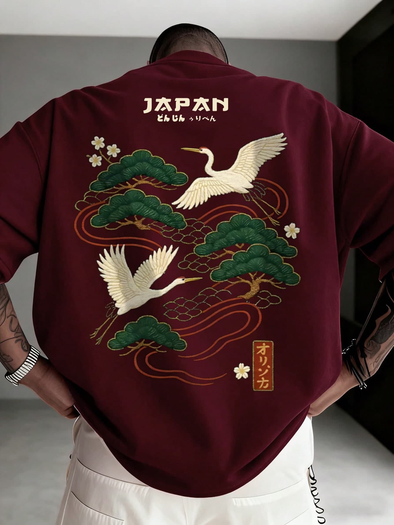 Zrgoth Men's Casual Versatile Minimalist Japanese Crane Print Short Sleeve T-Shirt