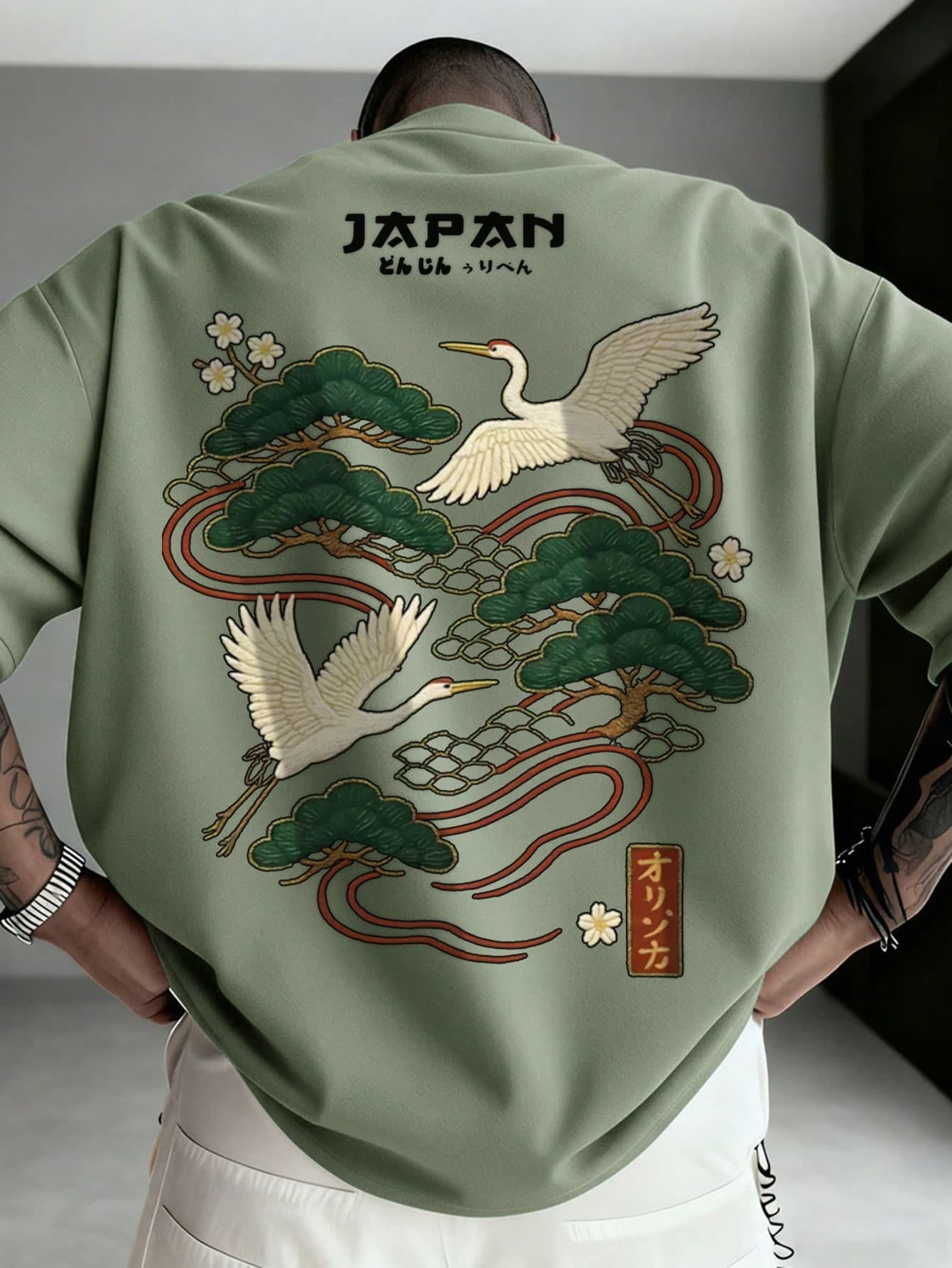 Zrgoth Men's Casual Versatile Minimalist Japanese Crane Print Short Sleeve T-Shirt