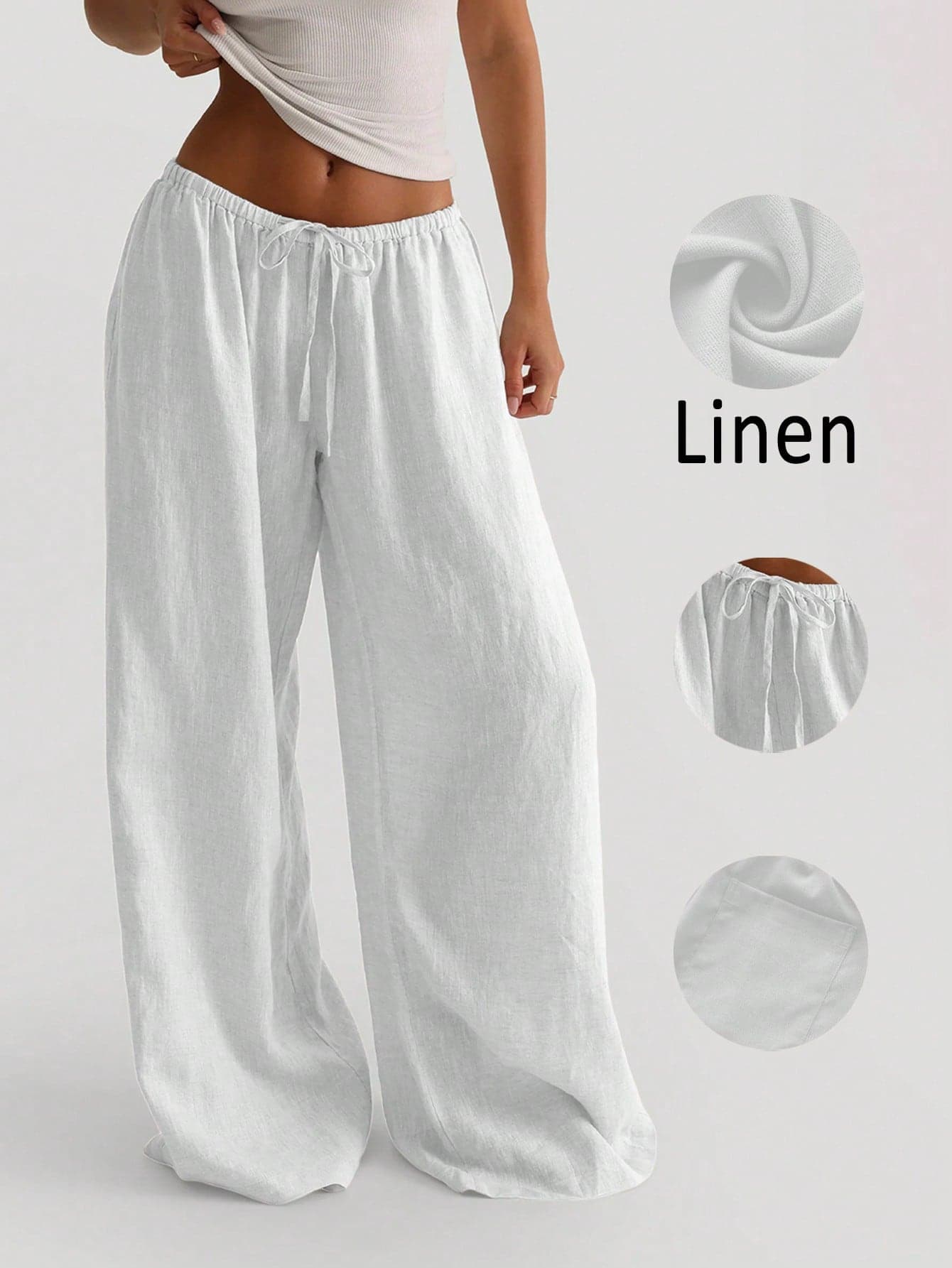Women's Casual Comfortable Versatile Linen Loose Flowy Wide Leg Pants White Spring