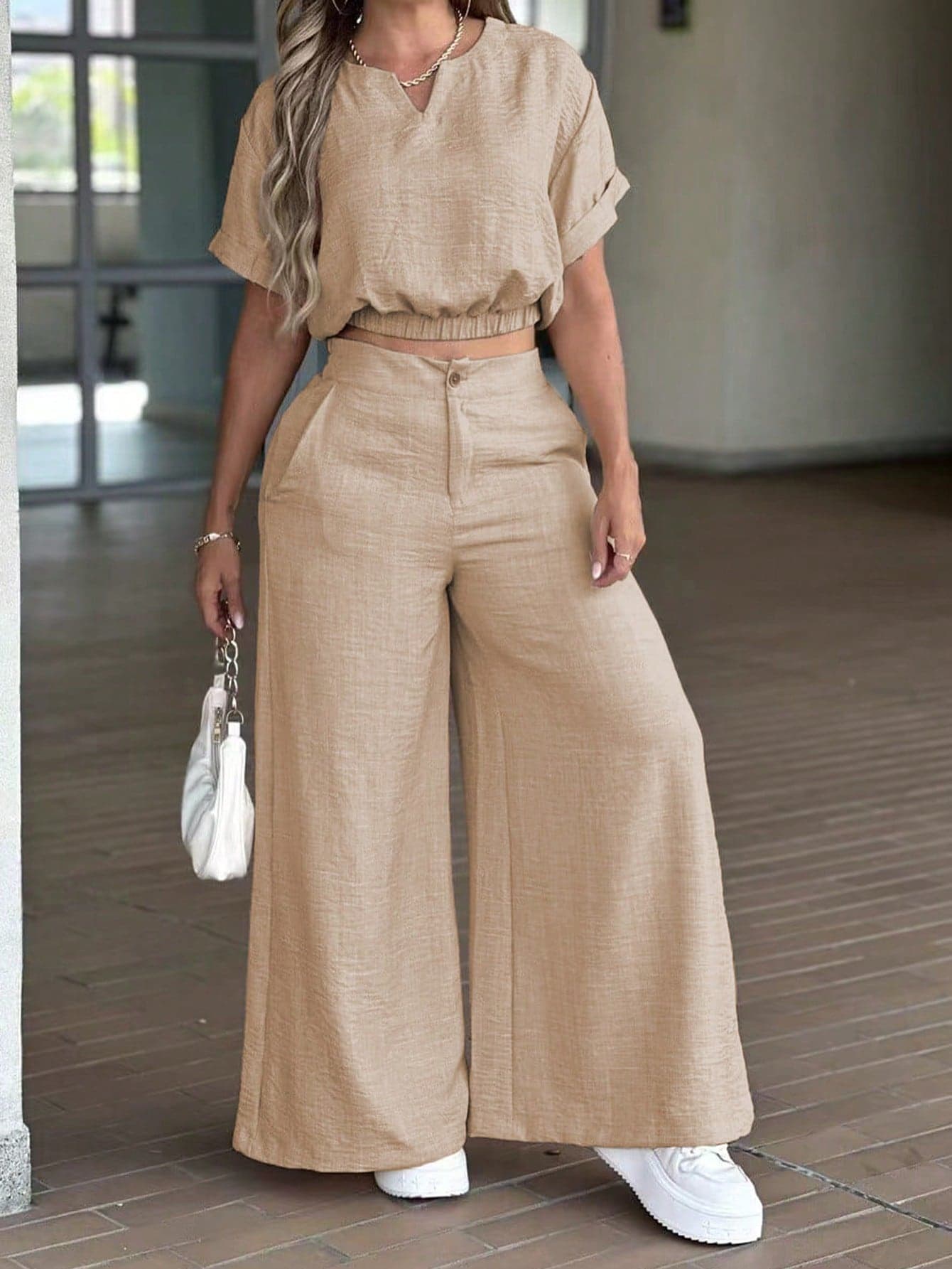 Summer Women's Simple Casual Set: Round-Neck Short-Sleeve Top And High-Waisted Pocketed Zipper Wide-Leg Pants (Two Pieces Set)