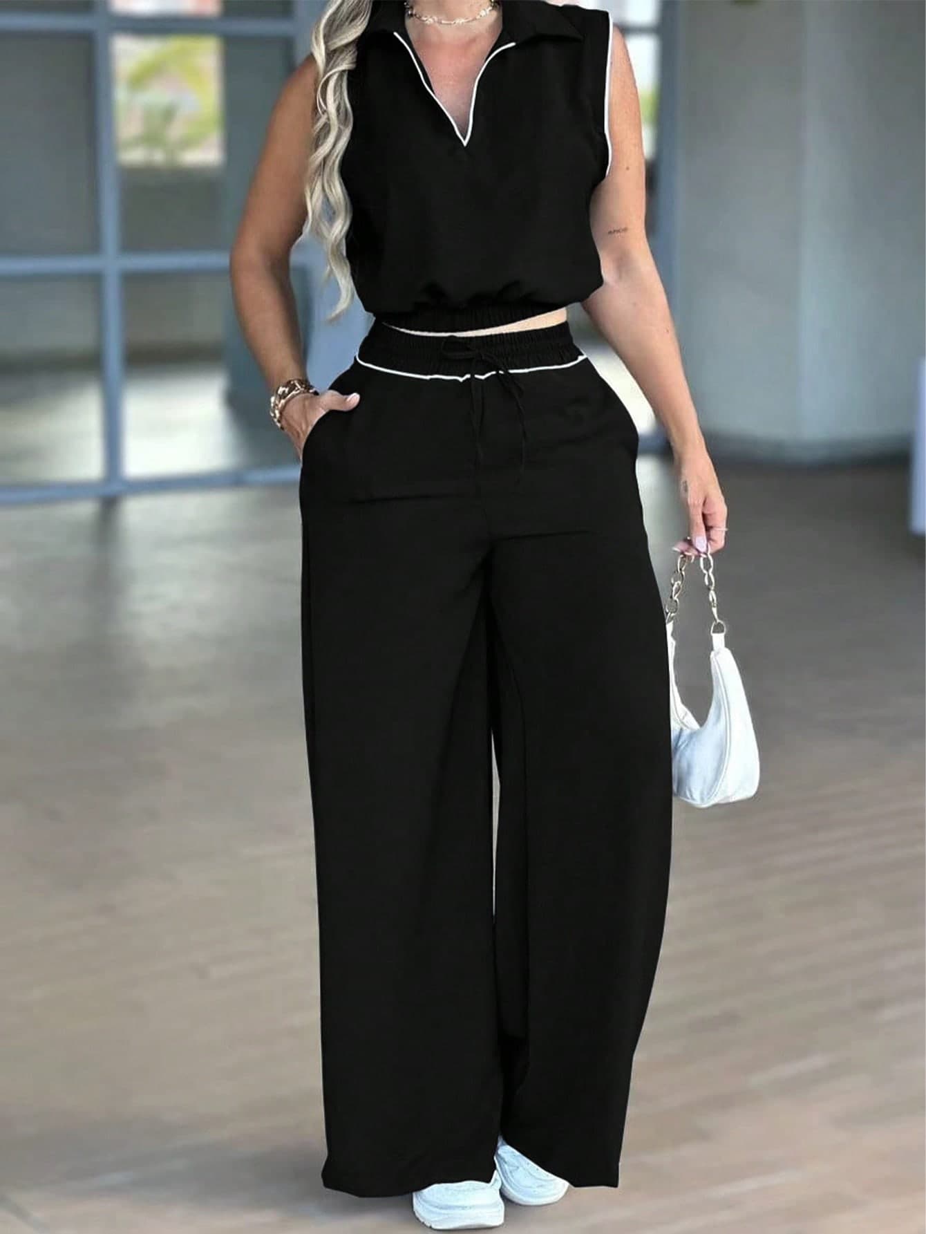 Women's Minimalist Commuter Casual 2-Piece Set, Sleeveless High Waist Collared Top With Pockets And Faux Drawstring, Spring/Summer Black Elegant