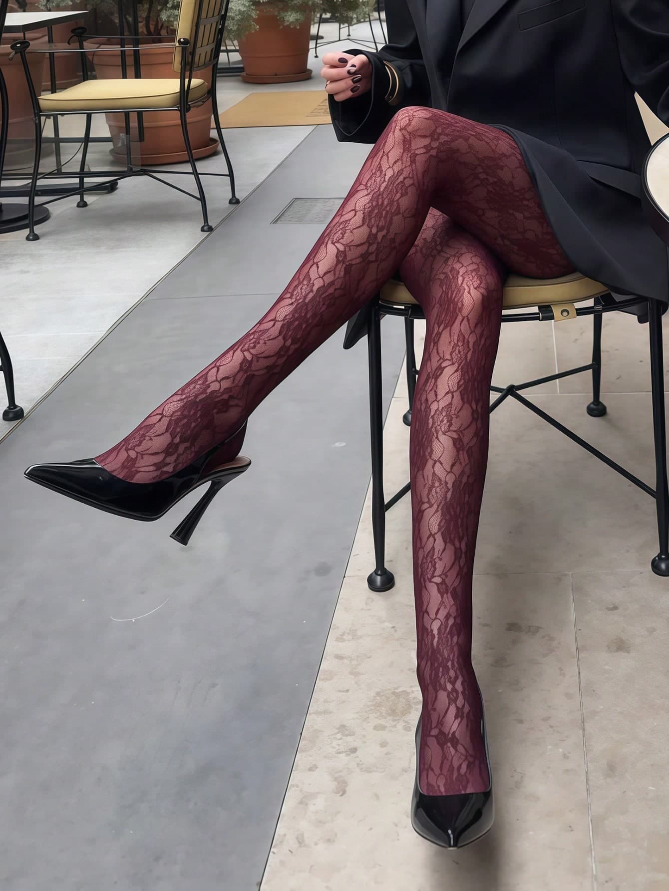 Burgundy Lace Trim Fishnet Stockings - Burgundy Transparent Mesh Pantyhose With Floral Trim, Romantic Gothic Style Tights