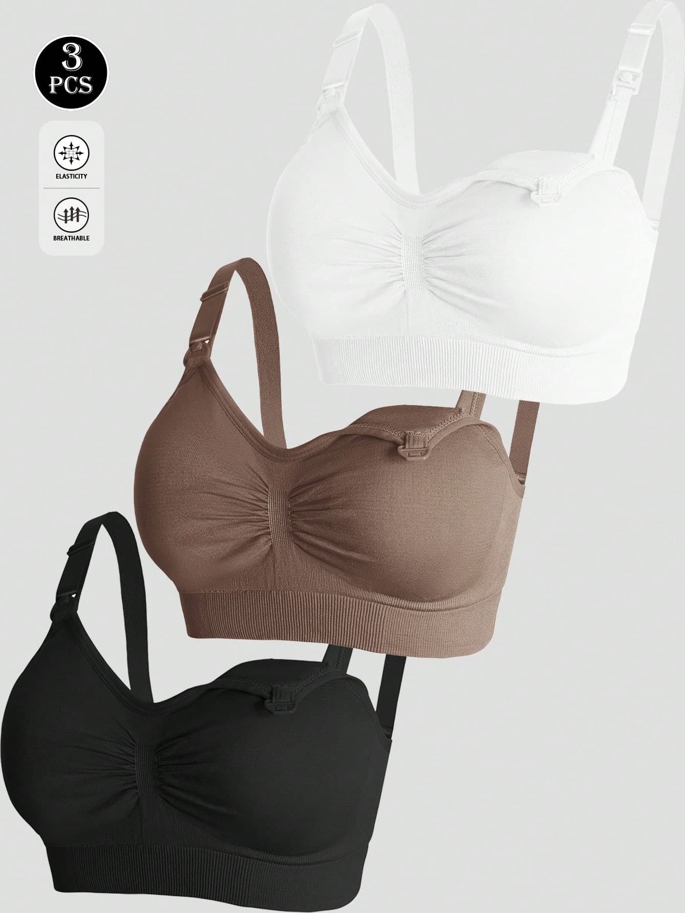 3pcs Nylon Maternity Bras, Maternity Wireless Front Closure Nursing Bras, Adjustable Lift And Support Nursing Bras
