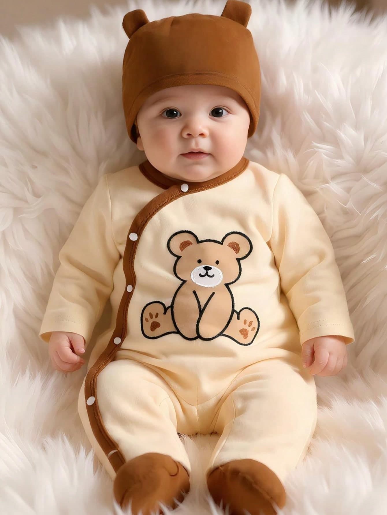 3pcs/Set, Baby Boy, Soft & Comfortable, Casual Fashionable Cute, Cartoon Bear Pattern Flocked Embroidery Asymmetric Button Contrast Color Romper Jumpsuit, 3D Hat & Bib, Baby Boy Clothing, Newborn Baby Boy Clothing, Newborn Essentials, Baby Supplies, Newborn Clothing, Baby Clothing, Suitable For Daily Wear, Vacation, Party, Photography, Outdoor Activities