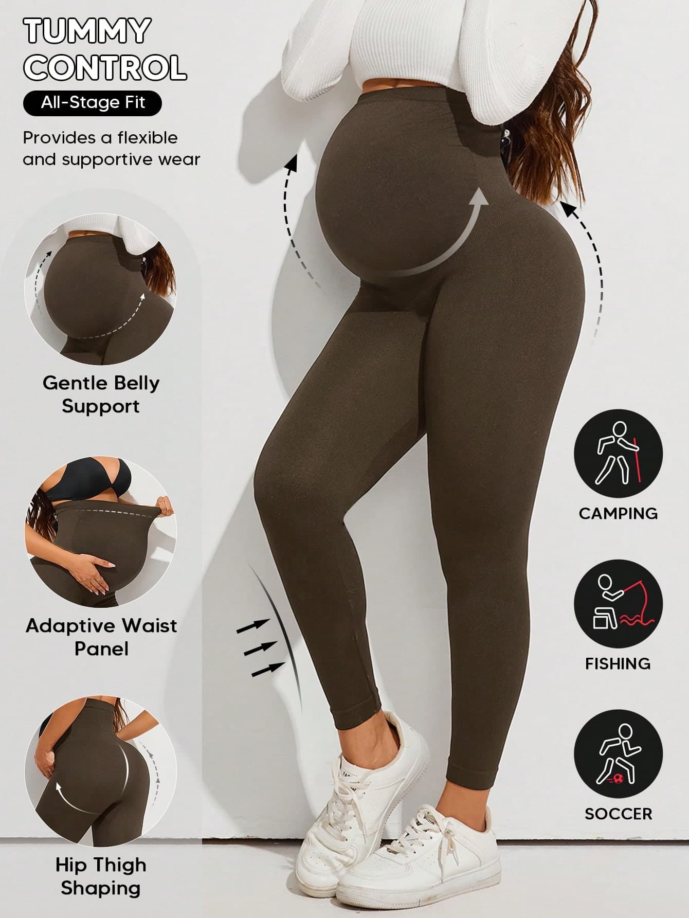 1pc Maternity Legging Over Belly, Stretch, Comfy Fabric For All Pregnancy Stage, For Casual Outfits, Work, Prenatal Fitness Or Relaxation Sports Brown