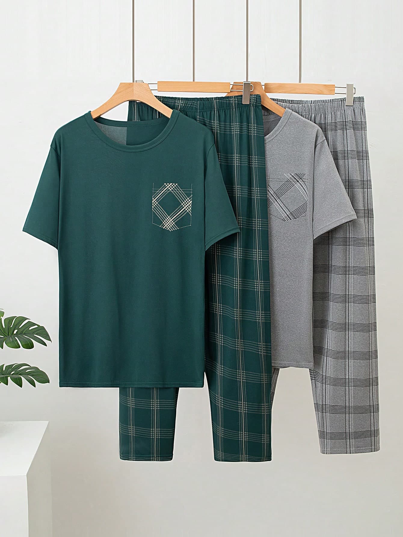 4pcs Men's Lightweight Short Sleeve Pajama Set, Men's Summer Plaid Loungewear Set