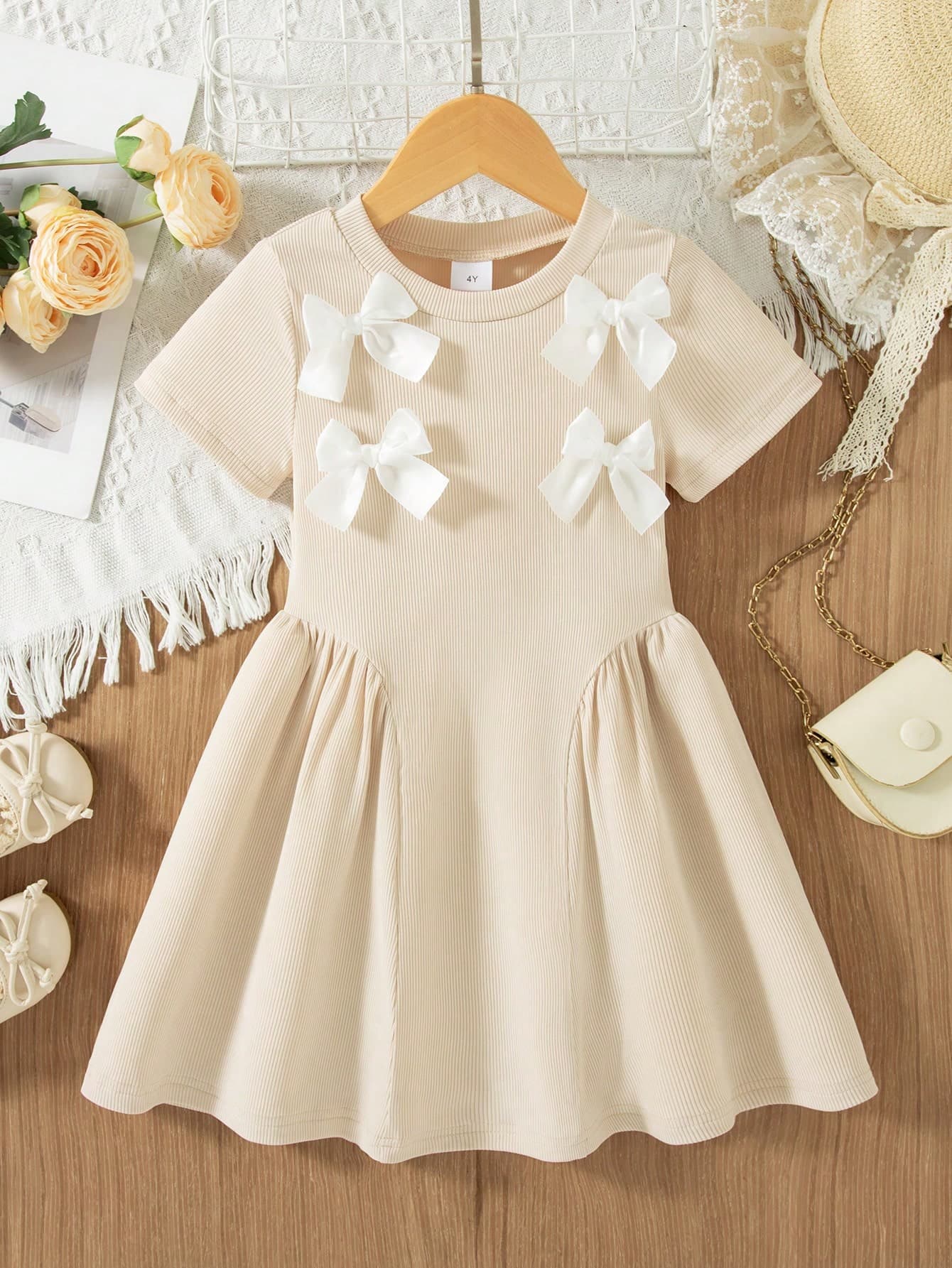 Girls' Casual Solid Color Bow Decor Short Sleeve Knee-Length Dress, Summer