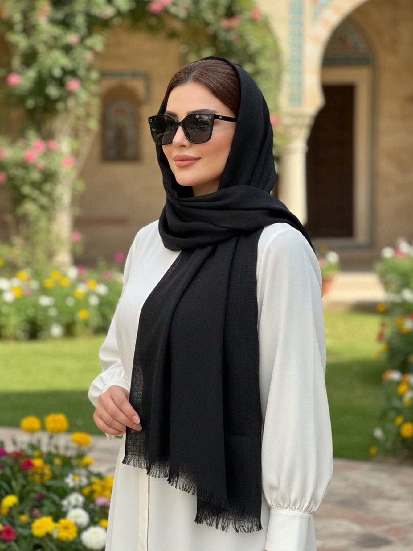 1pc Stylish Classic Soft & Skin-Friendly Multifunctional Polyester Bamboo Texture Fringed Rectangular Scarf For Women
