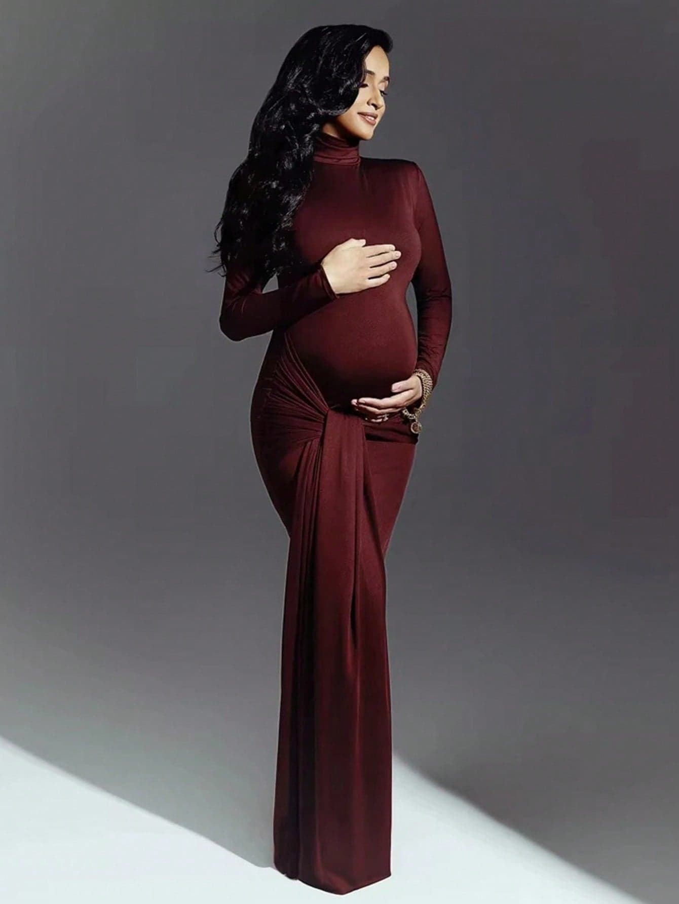 JustVH Pregnant Women's Ruched Tie-Front High Neck Maxi Dress, Suitable For Baby Shower Photo Props Brown