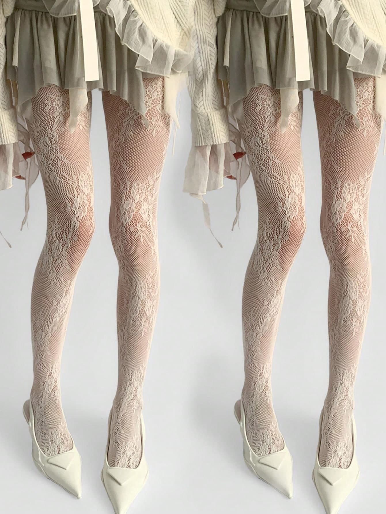 1/2 Pairs Flower Pattern Women's Mesh Socks Lace Lace Hollow Socks Sexy Retro Flower Vine Rose Side Leaves Breathable Mesh Fabric Pants Tight Socks
