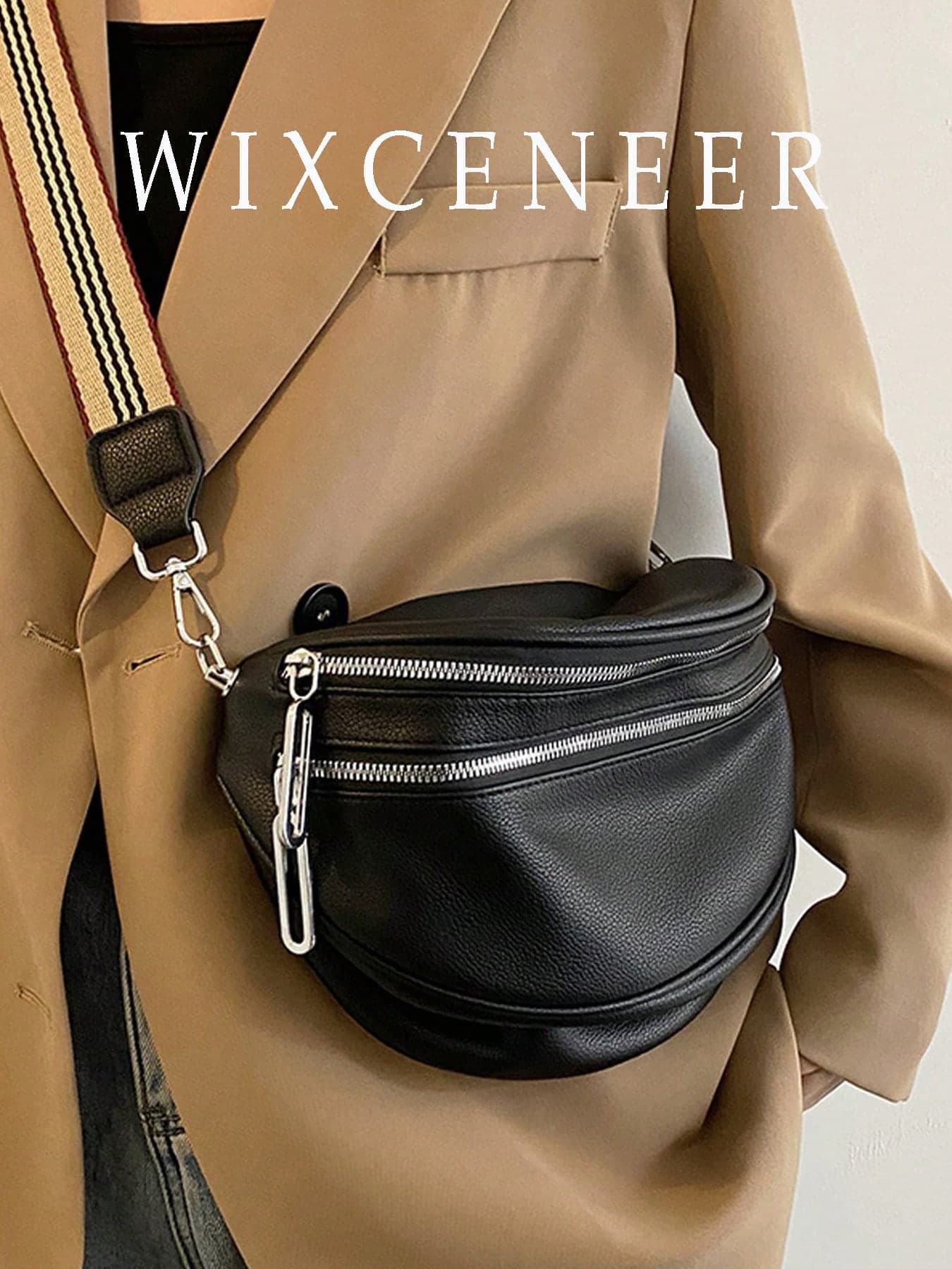 Livesso 1pc Fashion Double Zipper Waist Bag, Women's PU Leather Crossbody Bag With Wide Strap