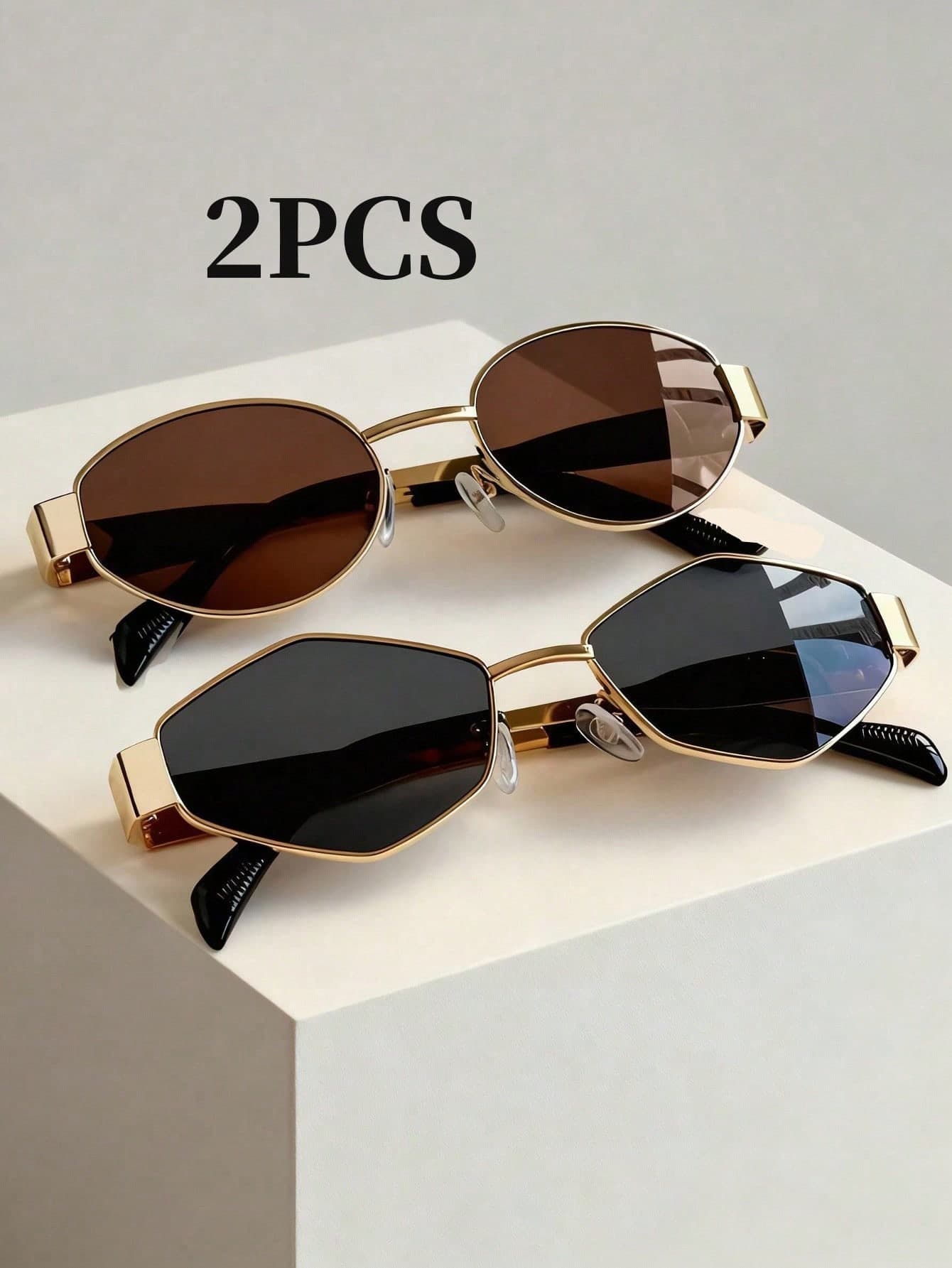 2pcs Oval Metal Frame Glasses Set, Unisex Vintage Style, For Daily, Beach, Travel, Street, Personalized Wear