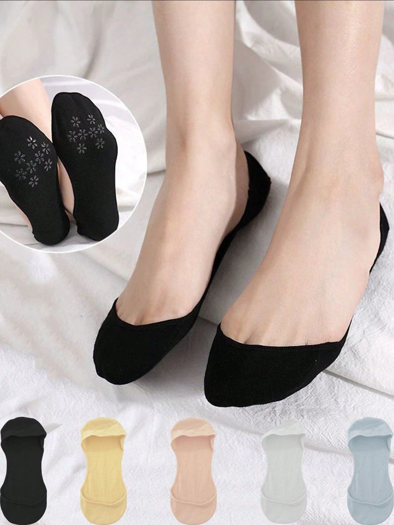 chuanwa（2） 5 Pairs Thin Boat Socks, Women's Low Vamp Summer Silicone Non-Slip Ankle Socks For High Heels