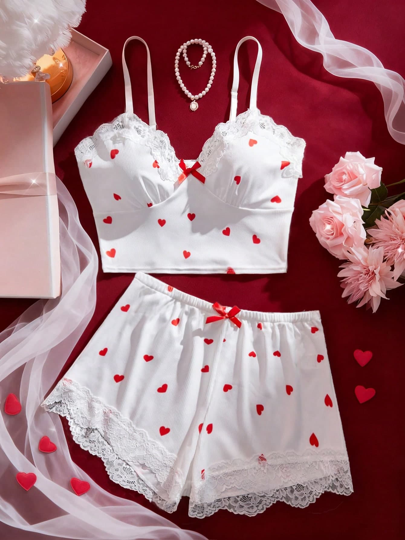 2pcs Women's Heart-Shaped Pajama Set, Includes Lace V-Neck Camisole Top And Lace Patchwork Shorts With Bow Detail At Waist, Soft And Cute, Suitable For Home Wear