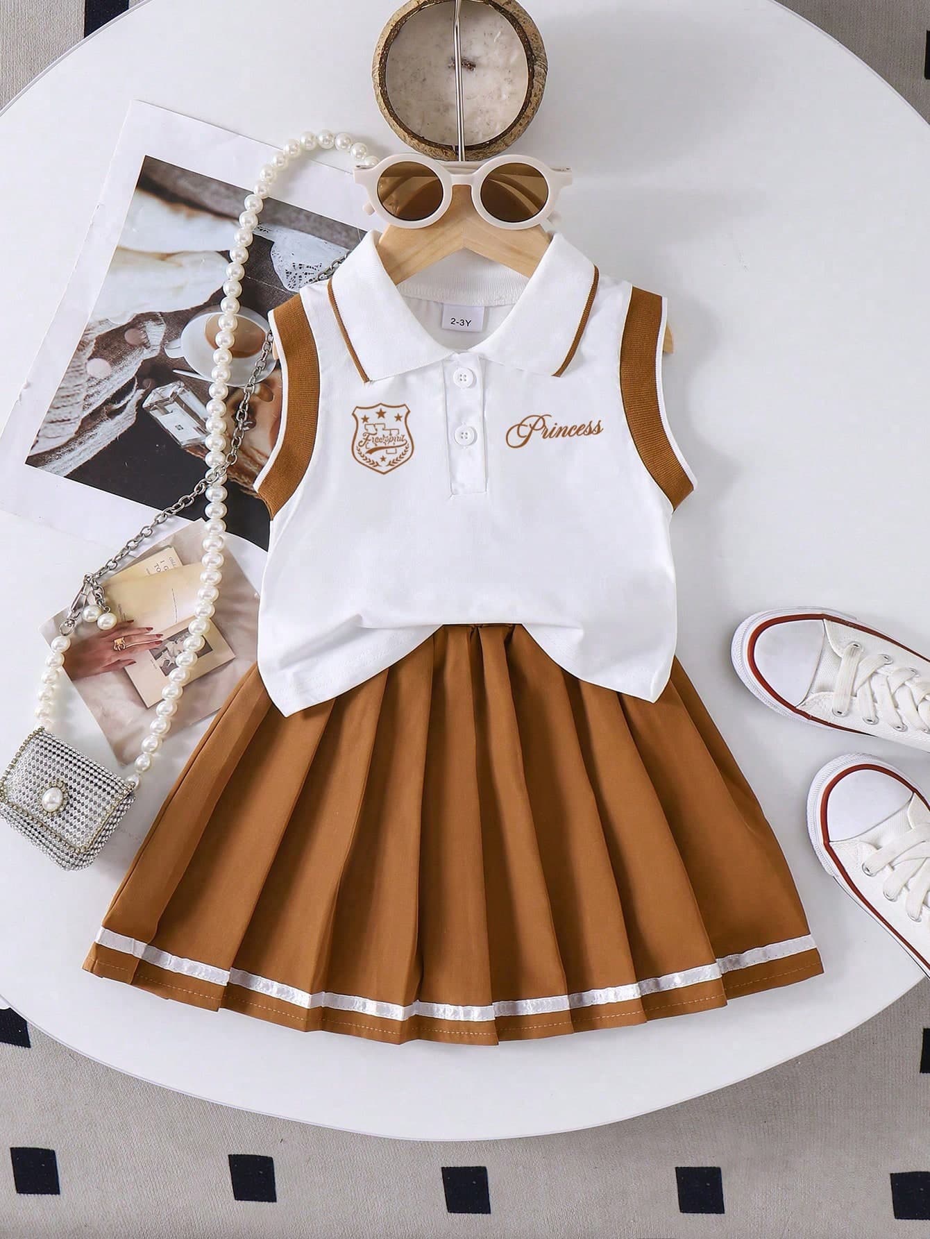 2pcs/Set Girls' School Sports English Graphic Sleeveless Top And Pleated Skirt Set, Summer