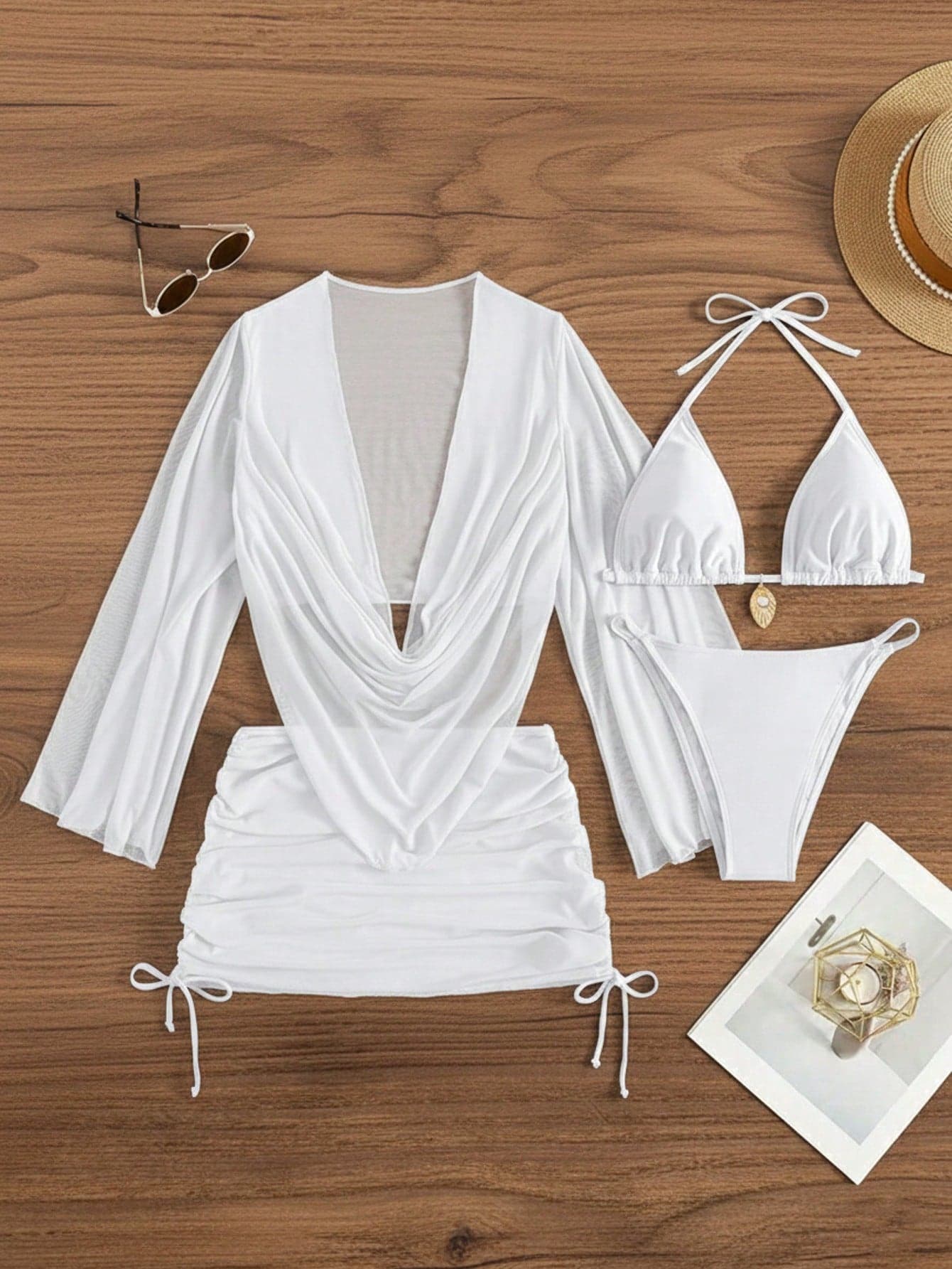 4pcs Sexy Solid Color Bikini Set With Sheer Cover-Up, Suitable For Vacation, Beach Party, Also Ideal For New Year And Valentine's Day, Exuding Elegance And Avant-Garde, Perfect Choice For Casual Women In Spring/Summer White