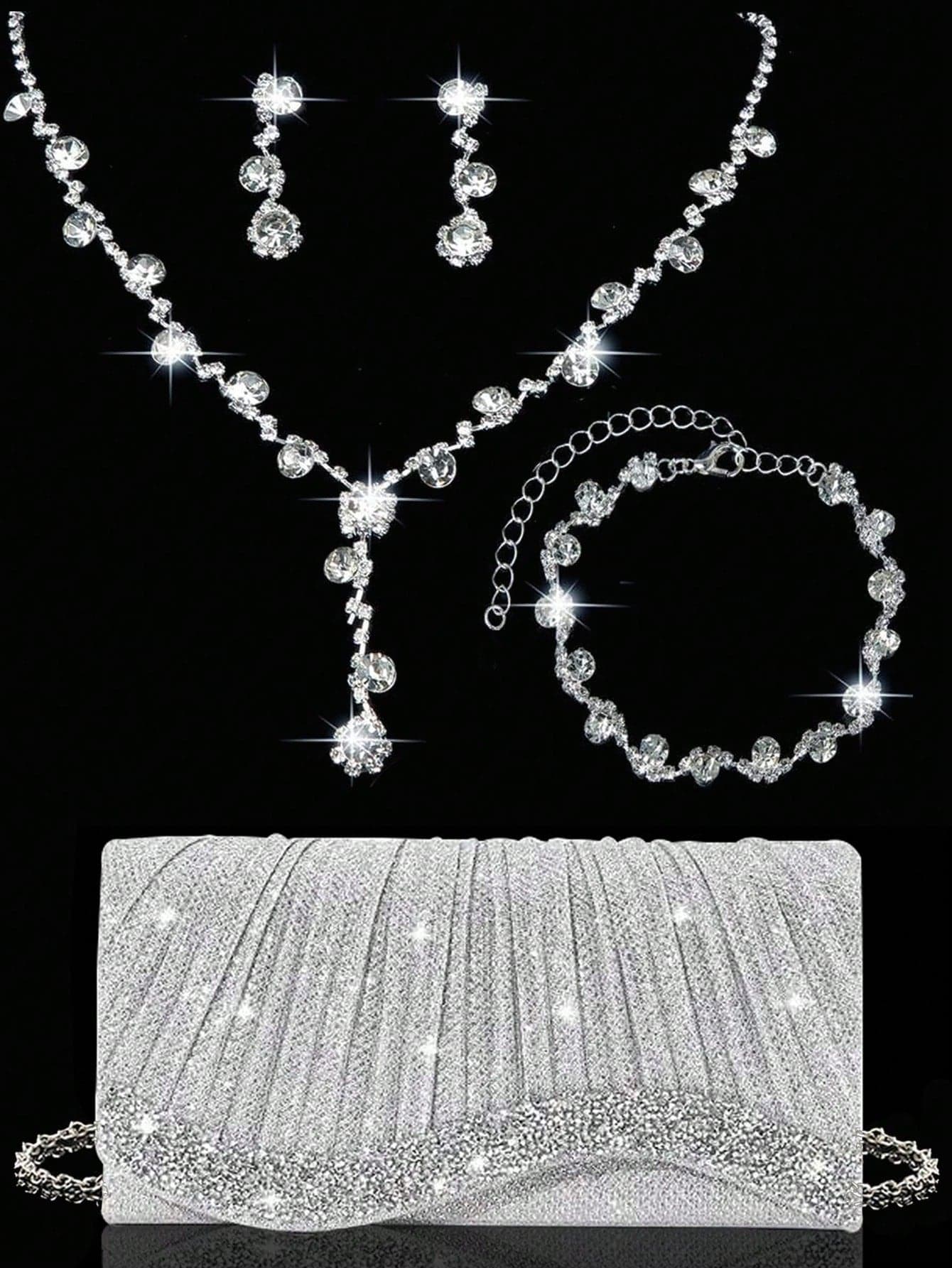 Shiny Women's Clutch Bag, New Rhinestone Evening Bag, Women's Party Bag, Luxury Envelope Bag, Bridal Wedding Bag, Paired With Shiny Rhinestone Jewelry 3 Pieces Set, Rhinestone Necklace, Earrings, Bracelet, Suitable For Party, Evening, Gathering, Ball, Wedding And Other Occasions.