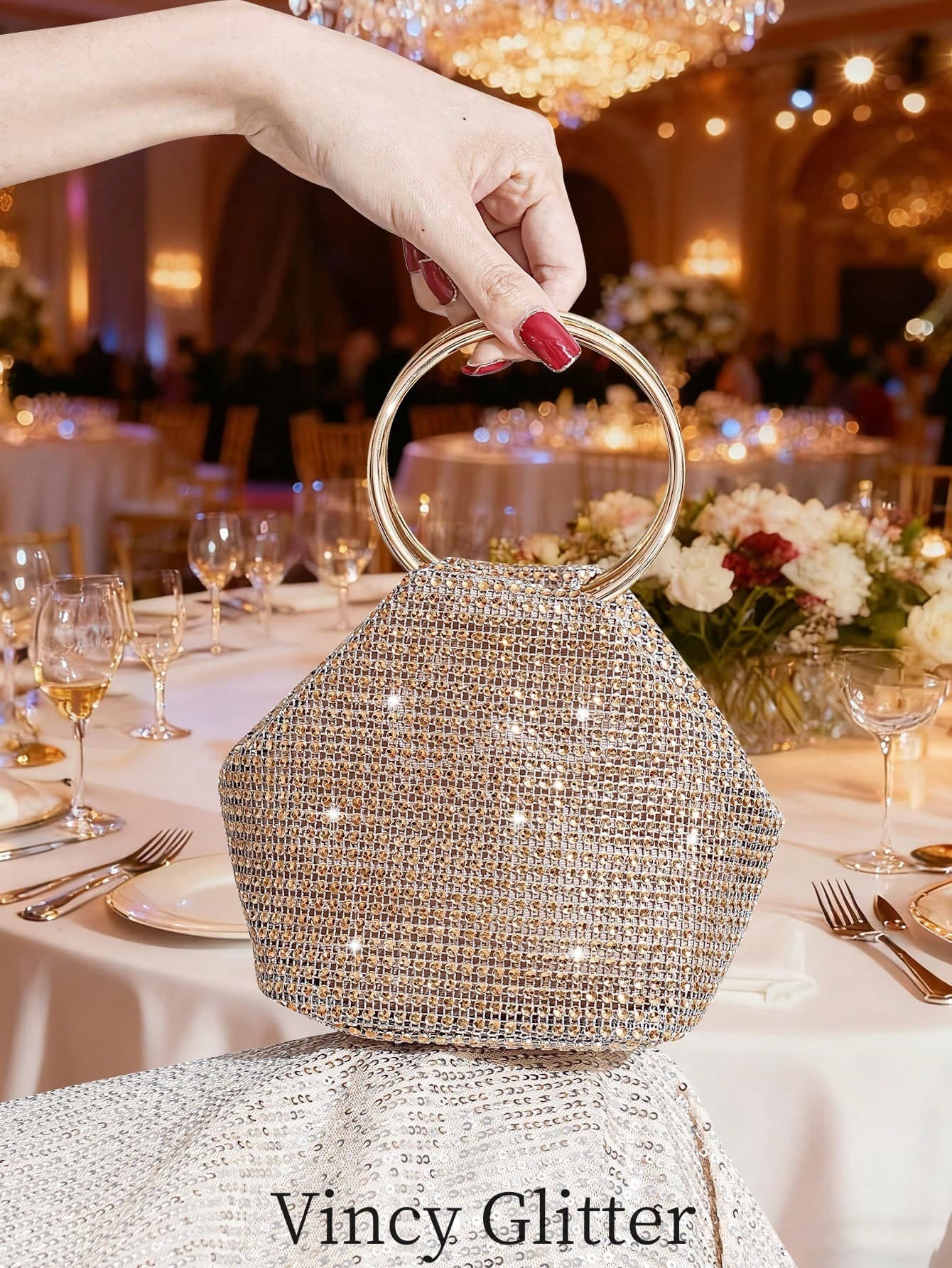 Rhinestone Decor Handbag, Unique Shape Party Clutch, Elegant Round Handle Purse, Fashion European And American Style Women Bag