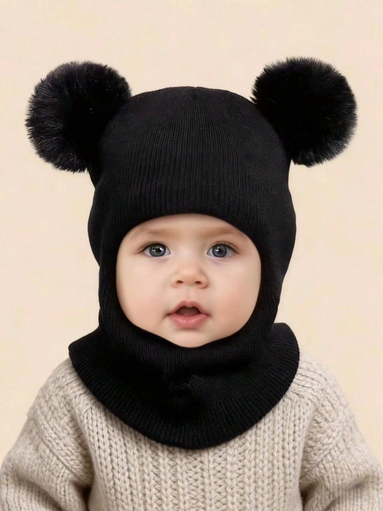 Kids' Double Ball Ear Protection Knitted Beanie Hat, Warm For Boys And Girls