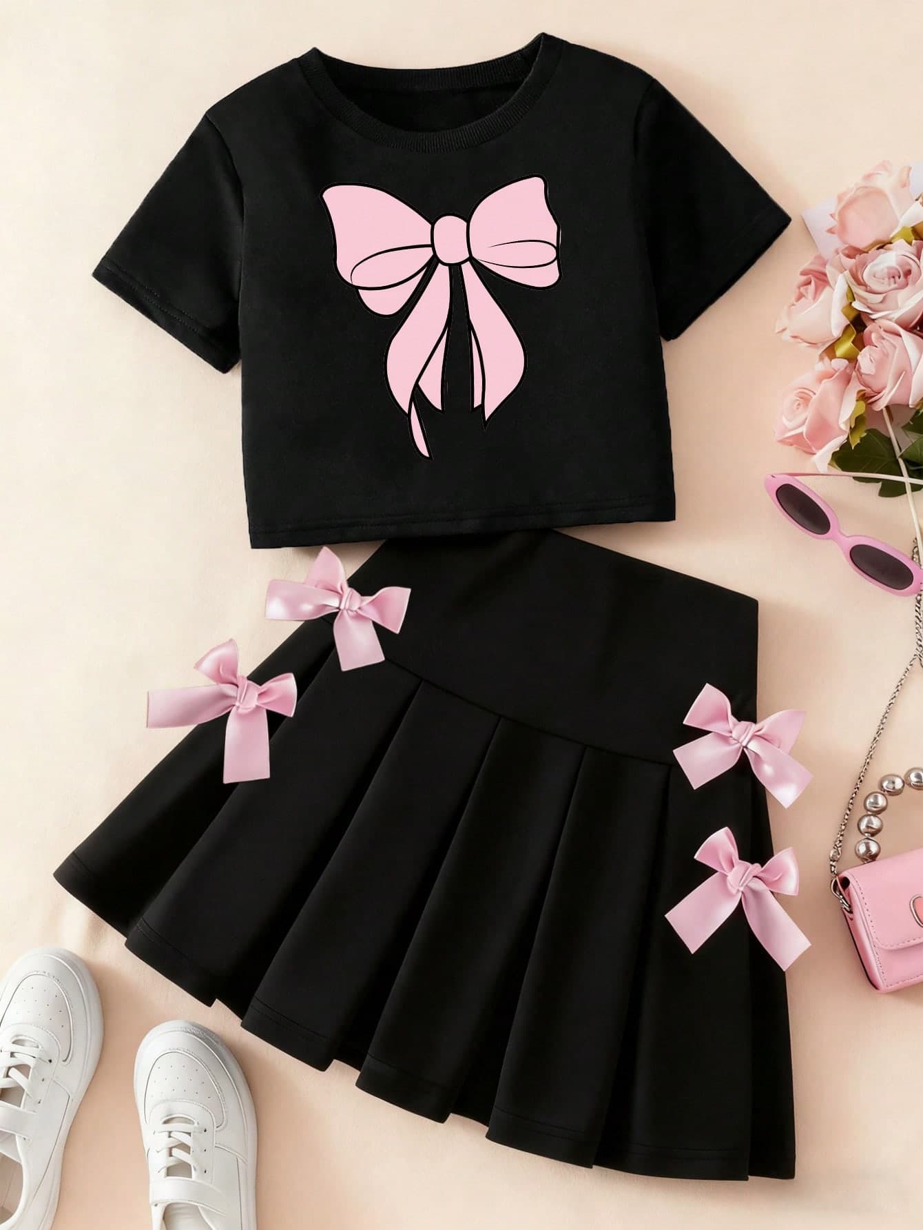 Young Girl Bow Print Round Neck Short Sleeve Top And Skirt Set
