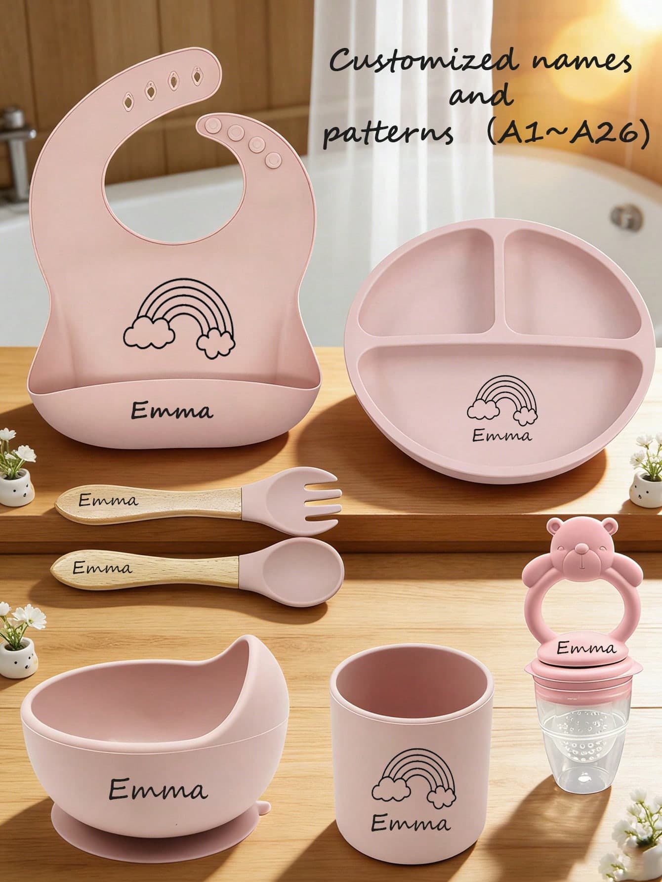 7PCS Baby Feeding Set, Perfect As A Baby Gift. Includes Bib, Plate, Bowl, Cup, Fork, Spoon, Baby Fruit Food Feeder Pacifier, Customizable Names