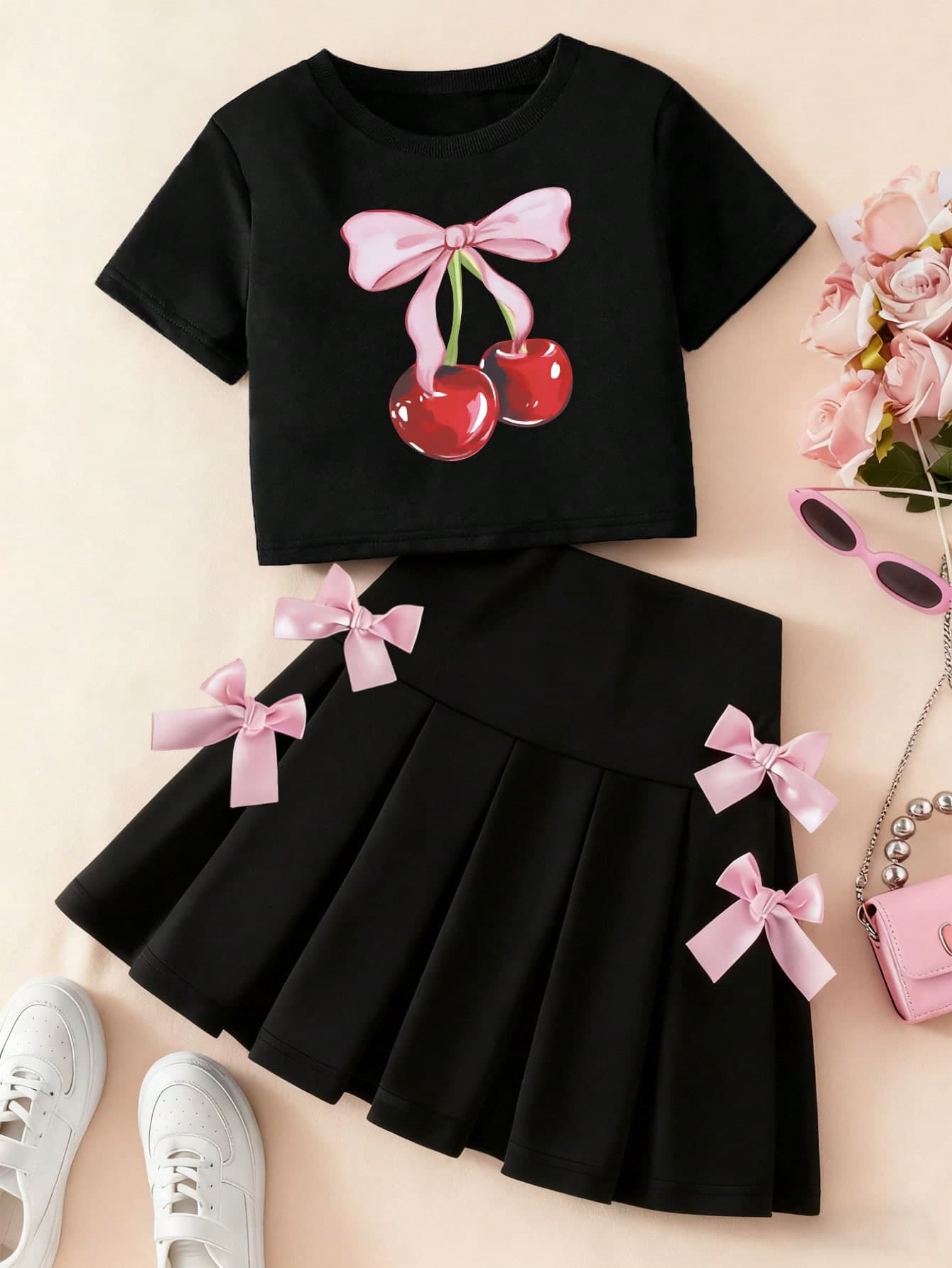 Young Girl Letter Print Round Neck Short Sleeve Top And Skirt Set