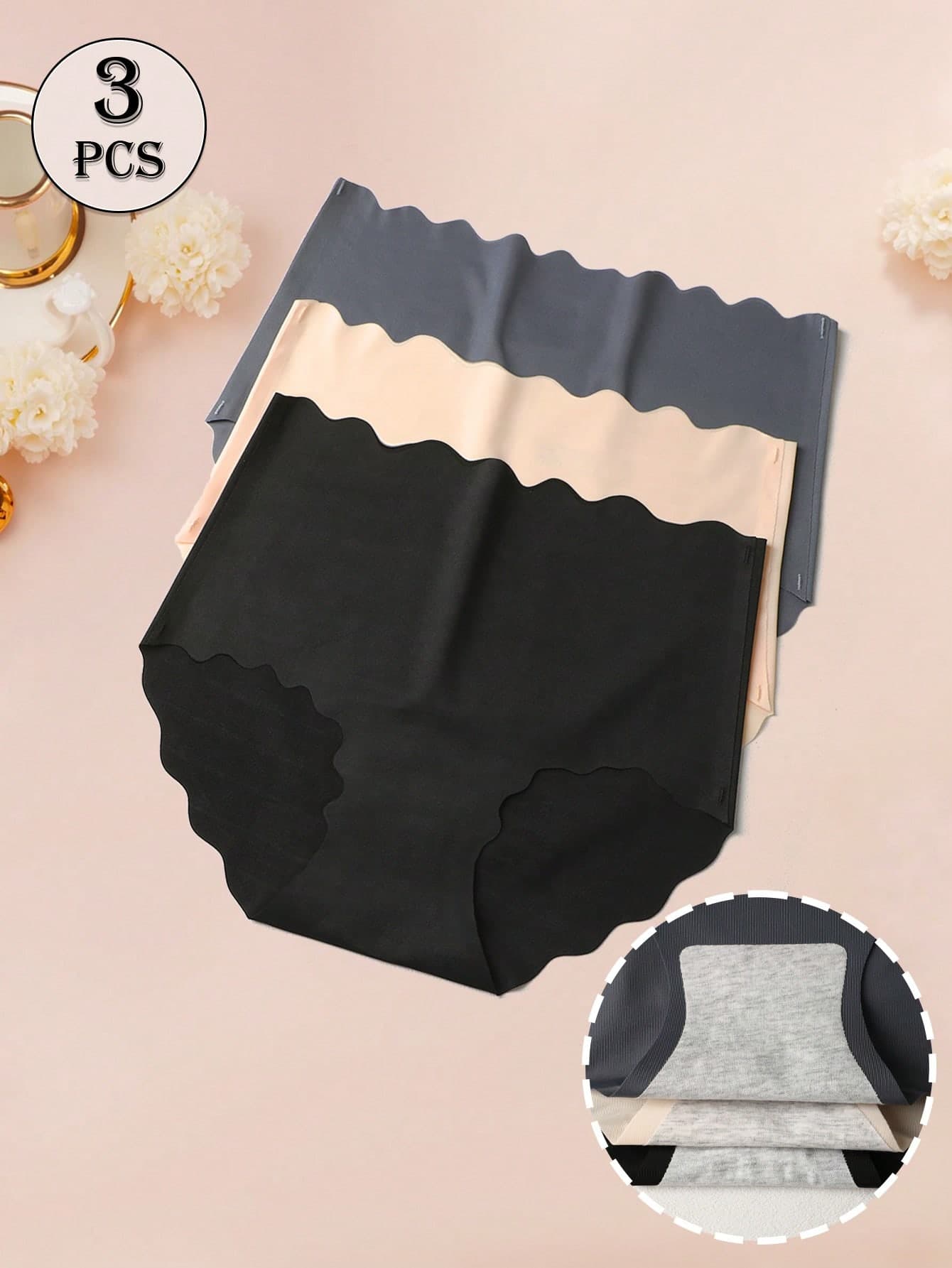3pcs/Set Women High Waist Ruffle Trim Seamless Panties, Sexy Soft Breathable Bikini Briefs, Solid Color Underwear