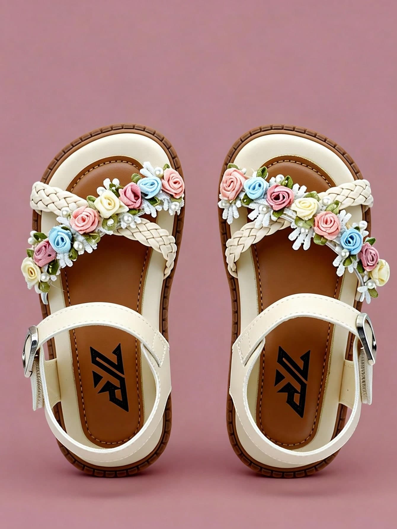 2026 Spring/Summer Limited Edition 3-12 Years Old Girls' Soft Bottom Toddler Shoes, Soft Woven Strap With 3D Floral Decor, Retro Brown Color, Anti-Slip Soft Sole Open Toe Ankle Strap Design, Breathable Skin-Friendly Lining, Non-Slip Shock-Absorbing Soft Sole Open Toe Adjustable Buckle Flat Fresh Garden Style Girls Floral Sandals, Girls Flat Fashion Daily Hiking Weekend Outings Spring Summer