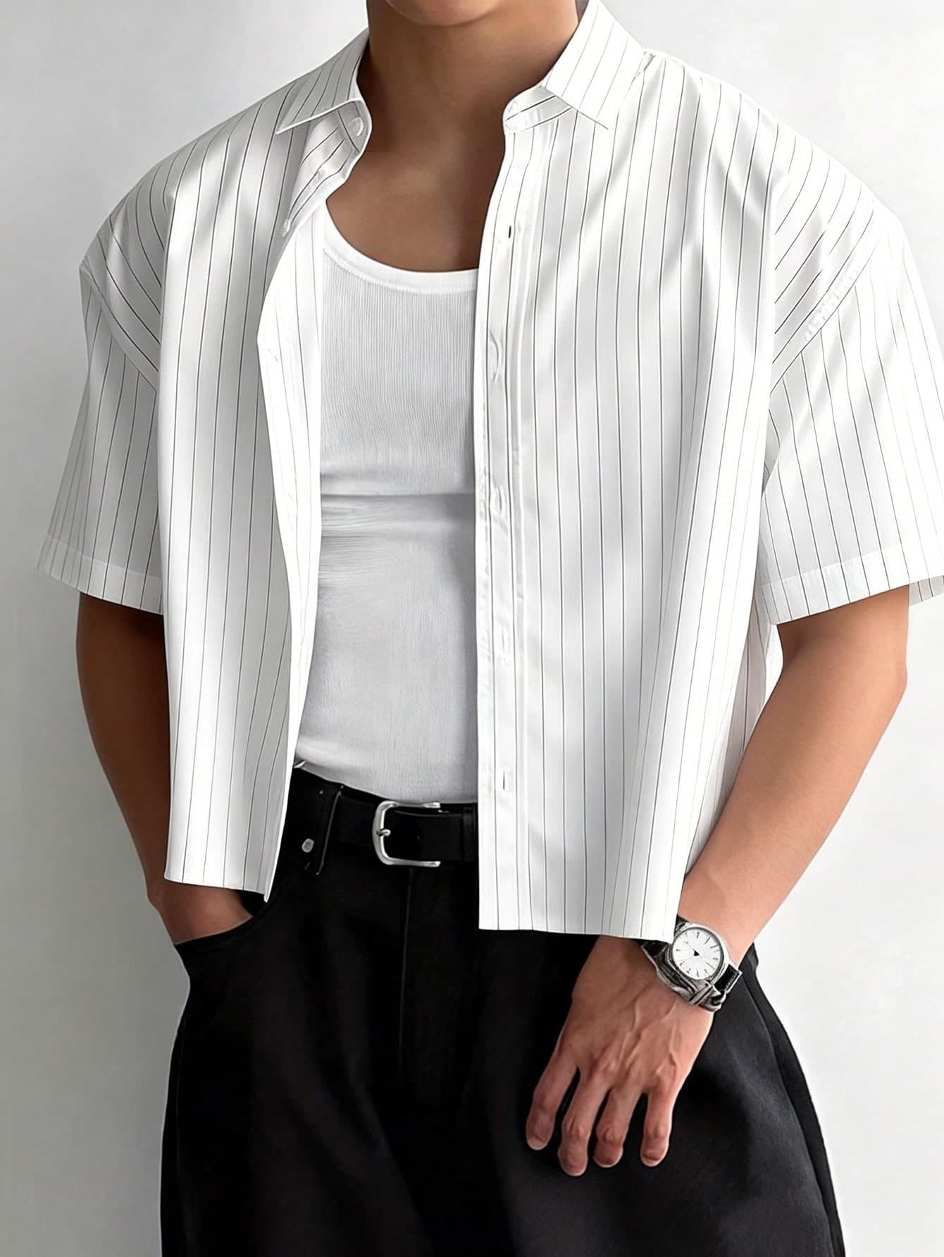 WAIT HIM Men's Vintage Vertical Striped Short Sleeve Shirt, Spring/Summer Lightweight Breathable Loose Fit Button-Up Shirt, Casual Silhouette Shirt