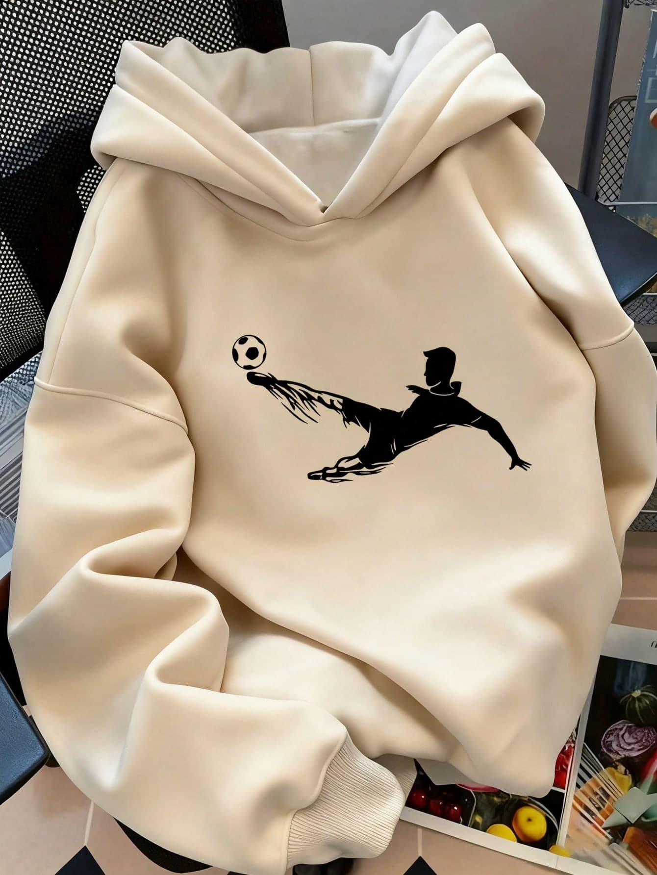 Boys Soccer Player Silhouette Front Print Pullover Sweatshirt, 2026 World Cup Football Sports Loose Long Sleeve Tween Boy Casual Hooded Sweatshirt
