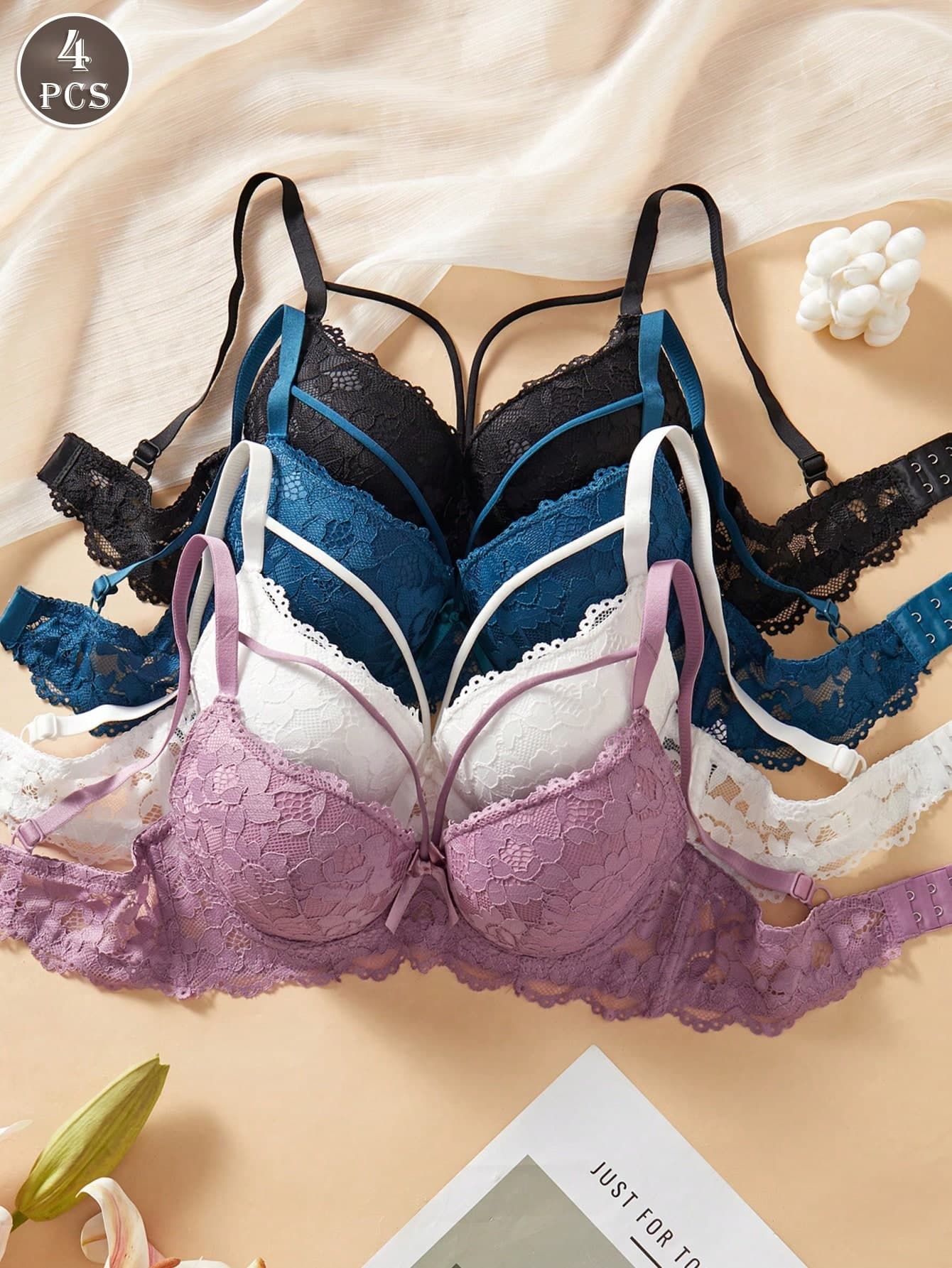 4PCS Women Fashion Lace Support Bra Anti Sagging Gathering Comfortable Underwire Design Sexy Daily Essential Underwear