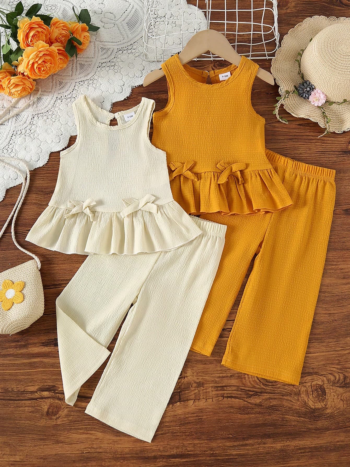4pcs Baby Girls' Sweet Sleeveless Top And Pants Set For Summer, Textured Solid Color With 3D Bow Decor Top + Solid Color Casual Comfortable Pants