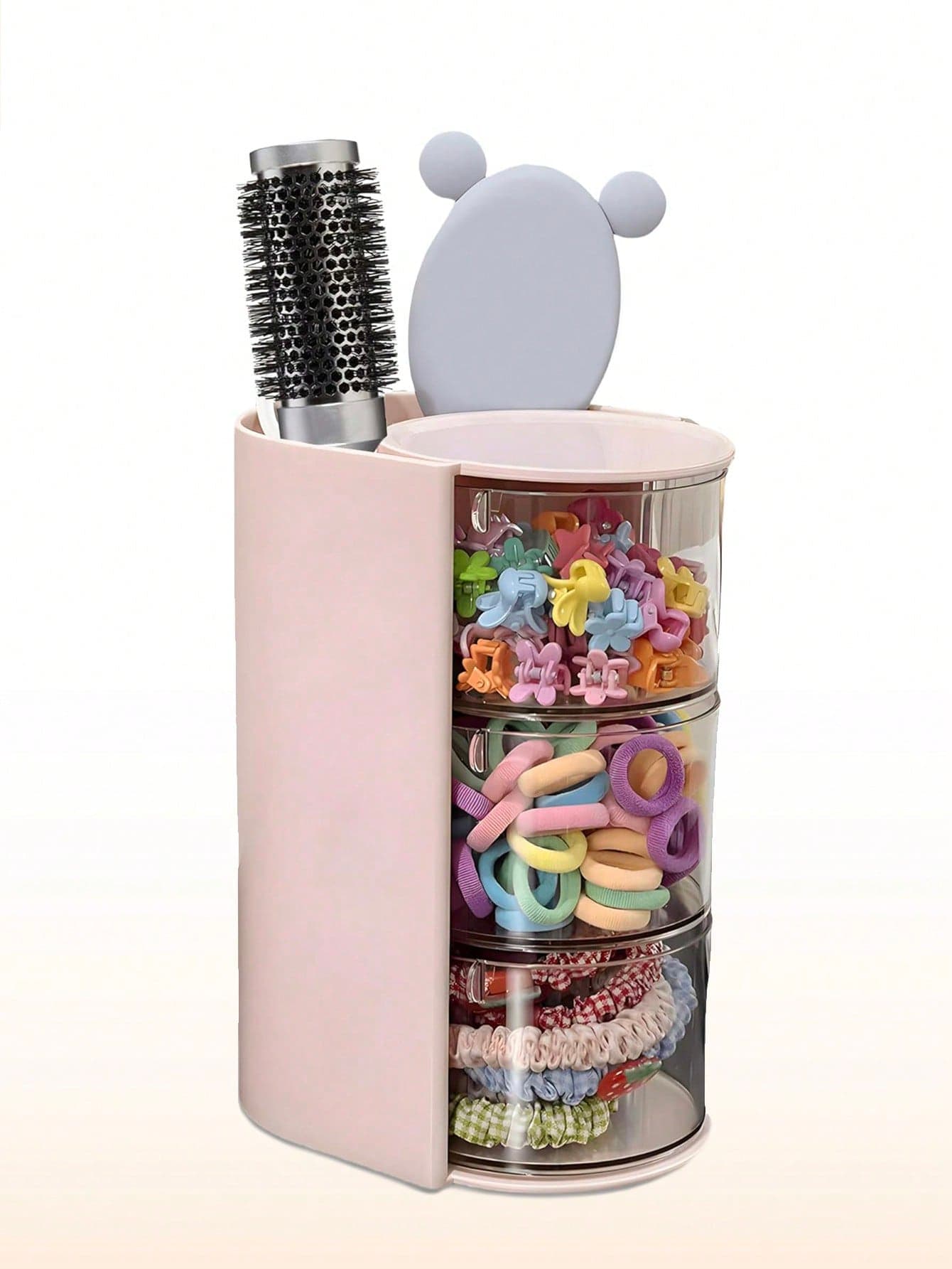 1 Set Girls' Hair Accessory Organizer Rack, With Brush Holder & Rotatable Makeup Brush Holder, Suitable For Necklaces, Earrings, Bracelets, Rings, Makeup Brushes, Hair Clips And Hair Accessories (Pink, 3-Tier)