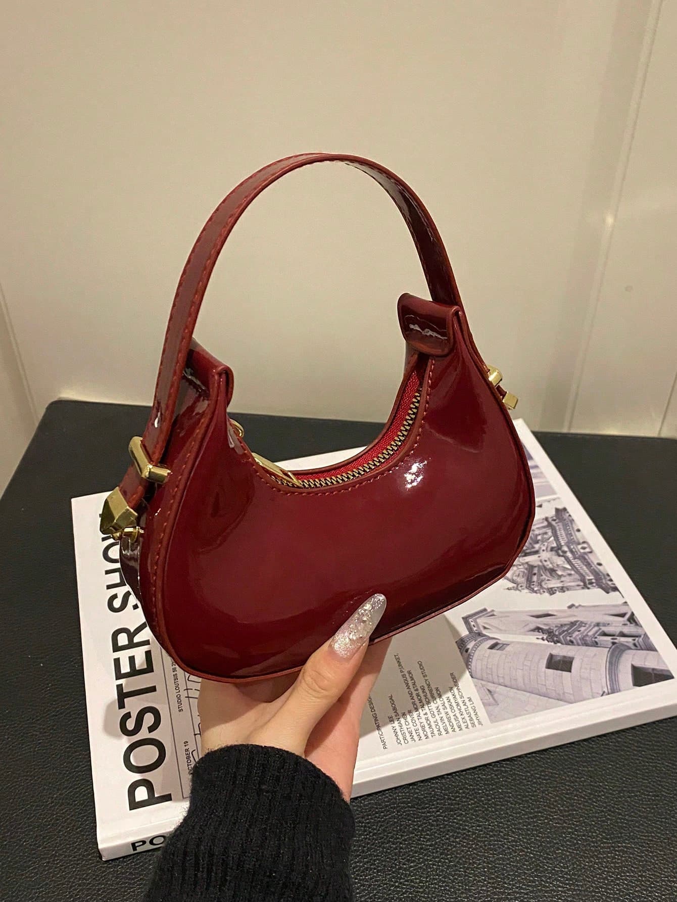 1pc New Mini Fashionable Women's Handbag, Solid Color Textured Fabric Patchwork, Compact Lipstick Bag, Minimalist Chic Versatile Cute Crescent Bag