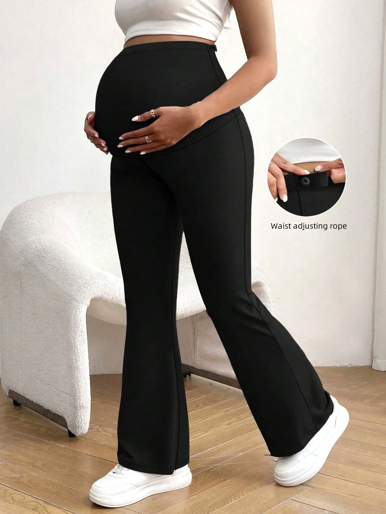 Autumn/Winter New Women's Plus Size Ultra High Waist Maternity Flare Leggings, Adjustable Elastic Waistband, Soft And Comfortable, Yoga Sports Black