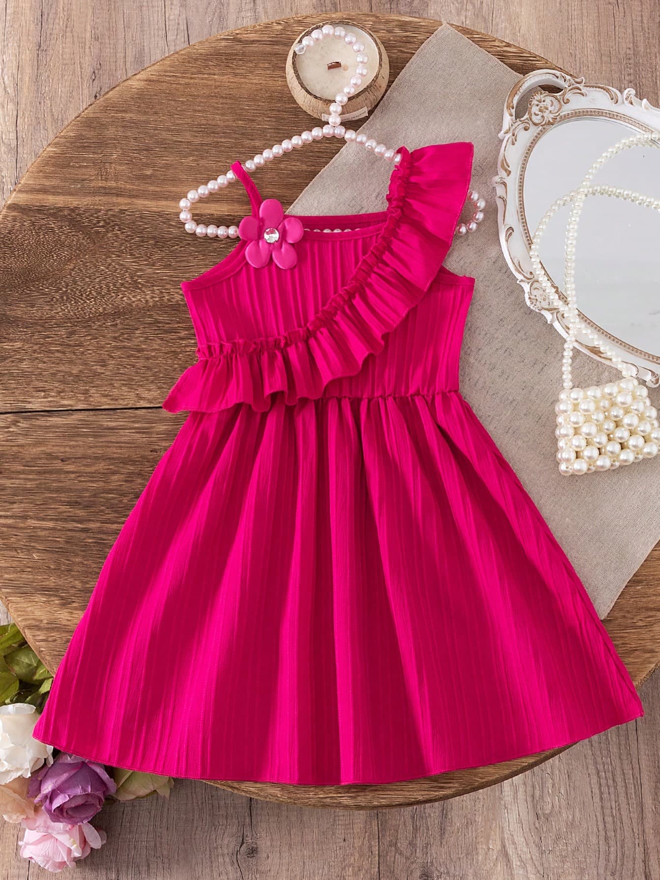 Young Girl Fashion Casual Striped 3D Flower Camisole Shoulder Ruffle Lace A-Line Skirt Dress, Daily Casual, Weekend Outings, School Daily Wear, Summer Girls Dress