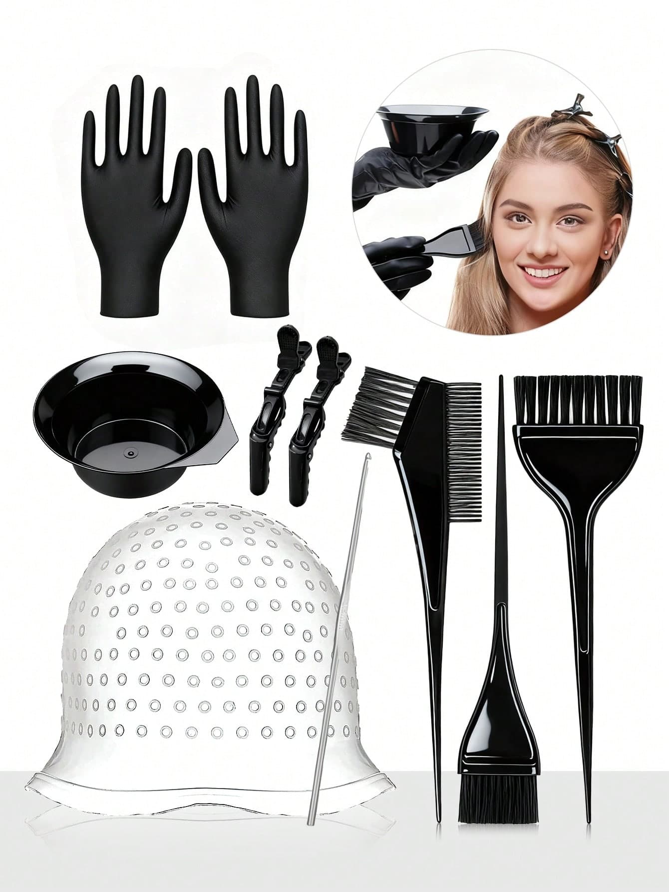 9pcs/Set Hair Dye Tool Kit, Including Dye Cap, Highlighting Cap, Hair Dye Cream, Dye Bowl, Dye Brush, Dye Gloves, Professional Hair Coloring Accessories Suitable For Home And Salon Use, Unisex