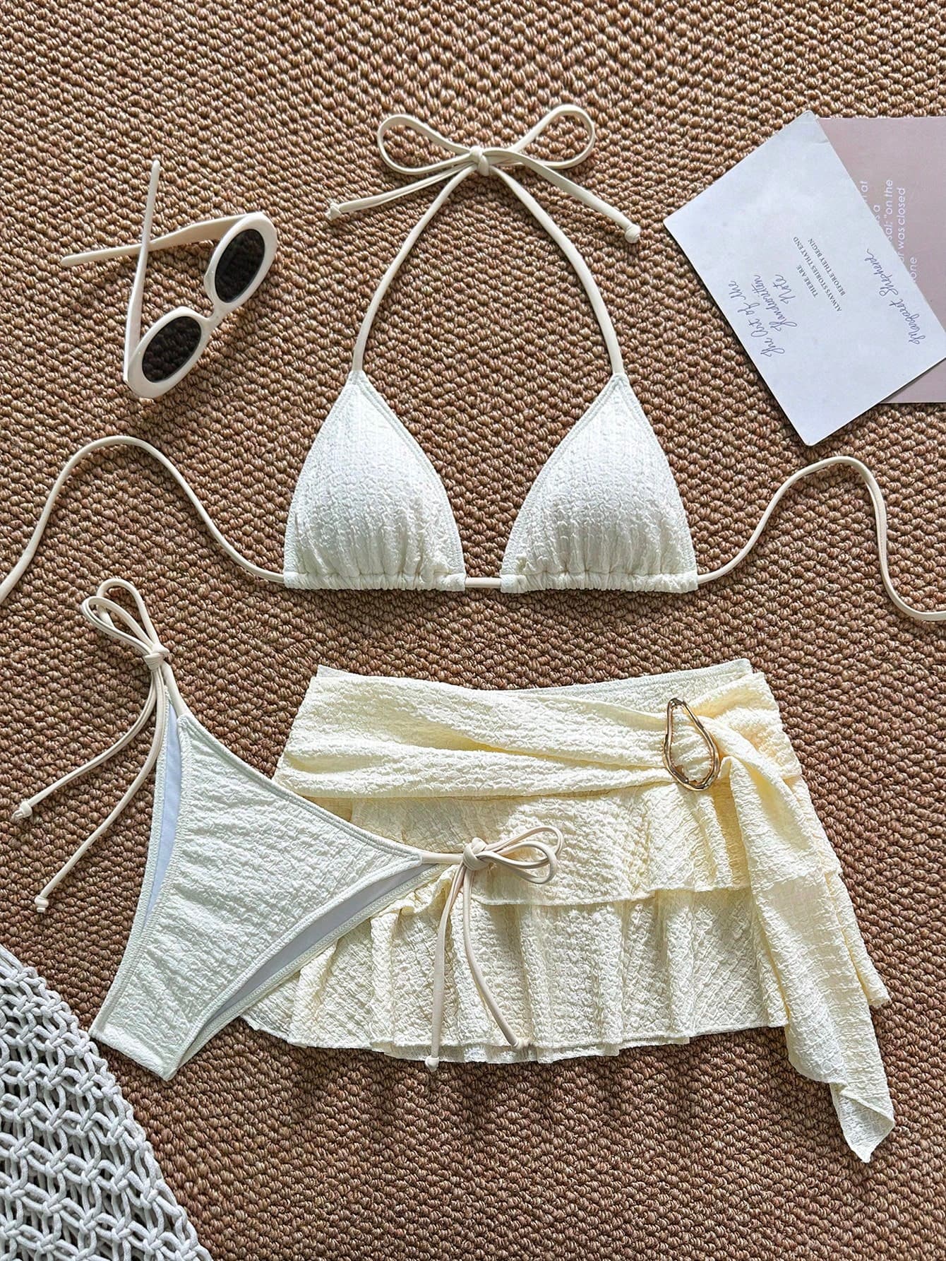 3pcs Casual Beach Party Special Fabric Bikini Set, Solid Color Beach Wear Vacation Summer