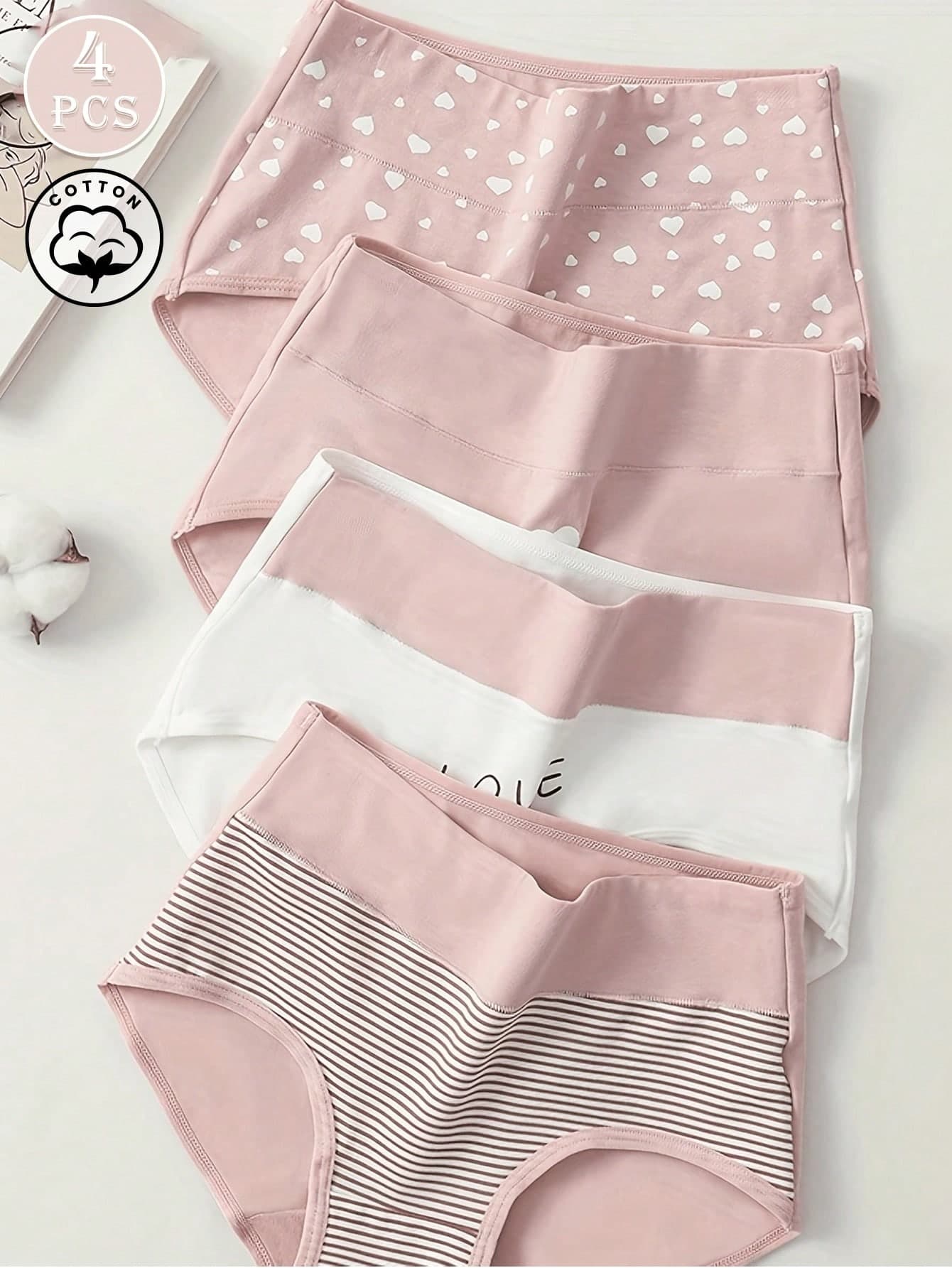 4pcs/Pack Pink Heart High Waist Cotton Breathable Stretchy Hipster Panties For Women