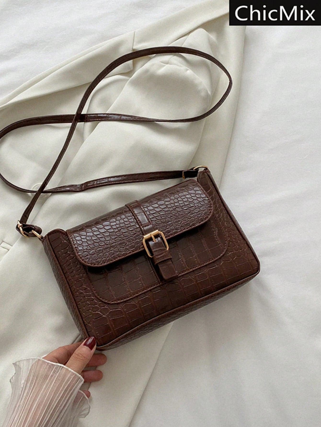 Crocodile Printed Minimalist  Buckle Decor Flap Square Bag Crocodile Embossed Square Shoulder Bag, Solid Color Crossbody Bag