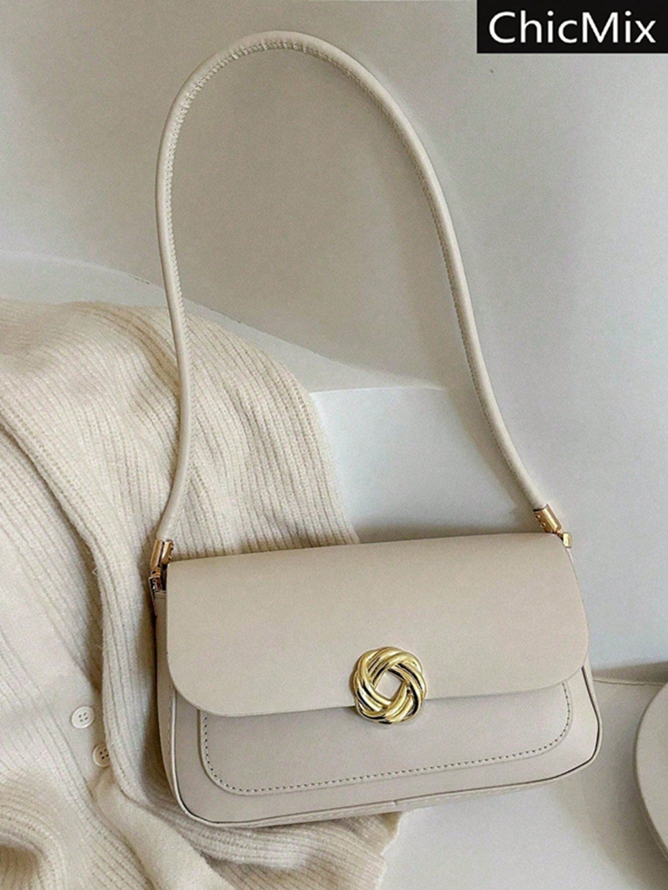 Stylish Solid Color Round Hardware Decorated Retro Shoulder Bag