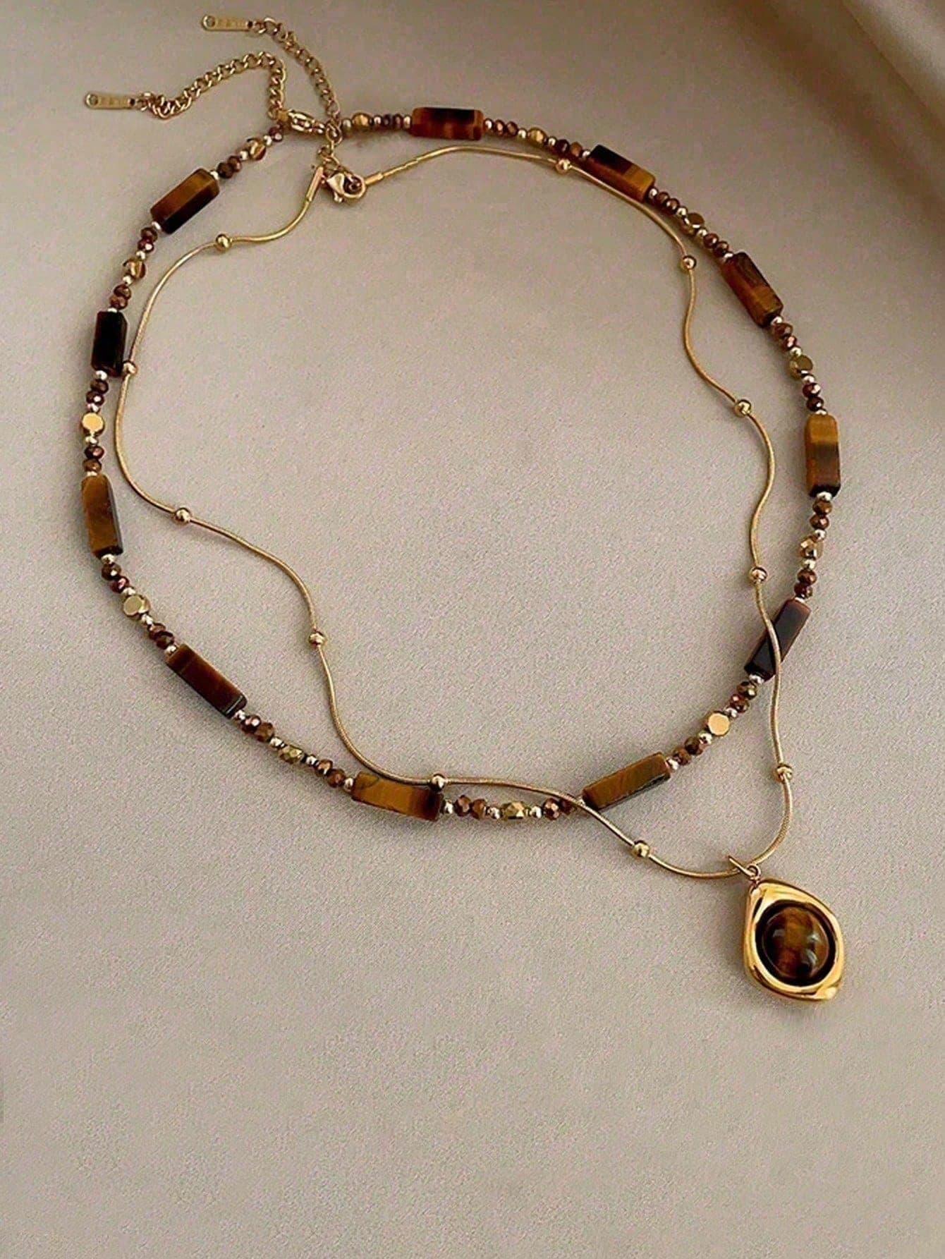 1pc/Set Vintage Elegant Multi-Layer Tiger Eye Stone Pendant Necklace Set, Women's Daily Party Accessory, Fashion Jewelry, Best Friend Gift (Natural Stone Color And Round/Square Beads Quantity And Shape Are Random)