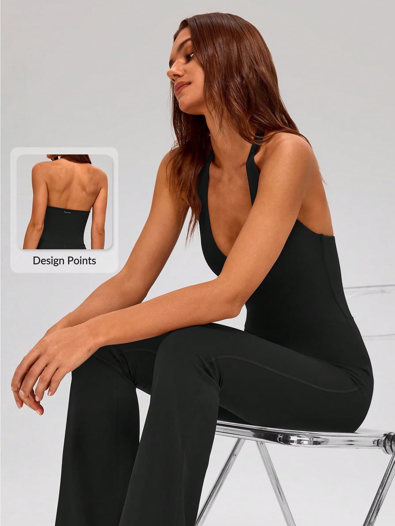 MASKERT Women's Backless Deep V-Neck Jumpsuit, Flare Leg Style, Draping Effect, Skin-Friendly Comfort, Casual Stylish Long Jumpsuit Black Summer Sports