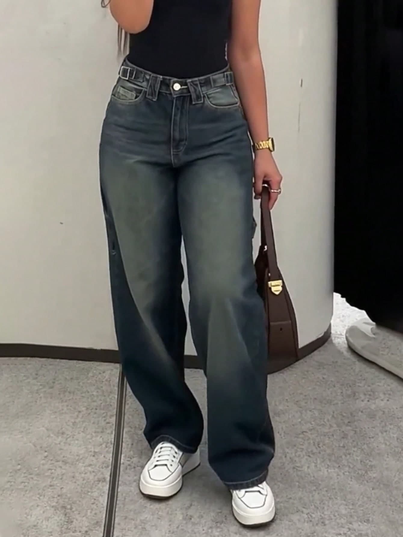 Women's Light Blue Washed Mid-Rise Straight Leg Jeans, Vintage Loose Casual With Adjustable Metal Waist Belt Spring