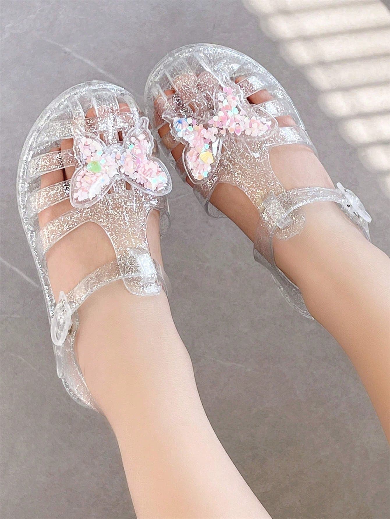 Kids Casual Jelly Sandals, Fashion Girls Princess Shoes For Summer, Closed Toe Beach Shoes Hollow Breathable, Decorated With Shiny Butterfly Accessories