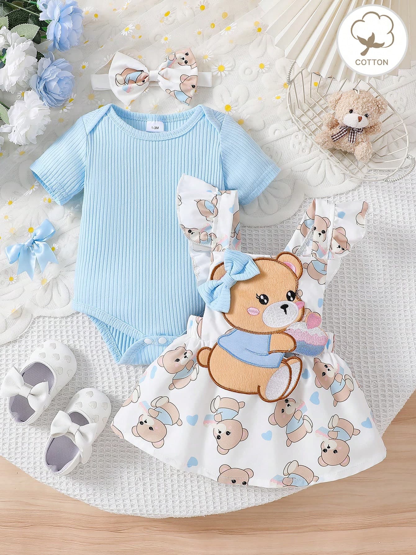 Infant Girls Summer Cute Sweet Round Neck Pink Ribbed Jumpsuit And Rabbit All-Over Print Ruffle Strap Dress With 3D Rabbit Doll Decoration And Bow Headband Set
