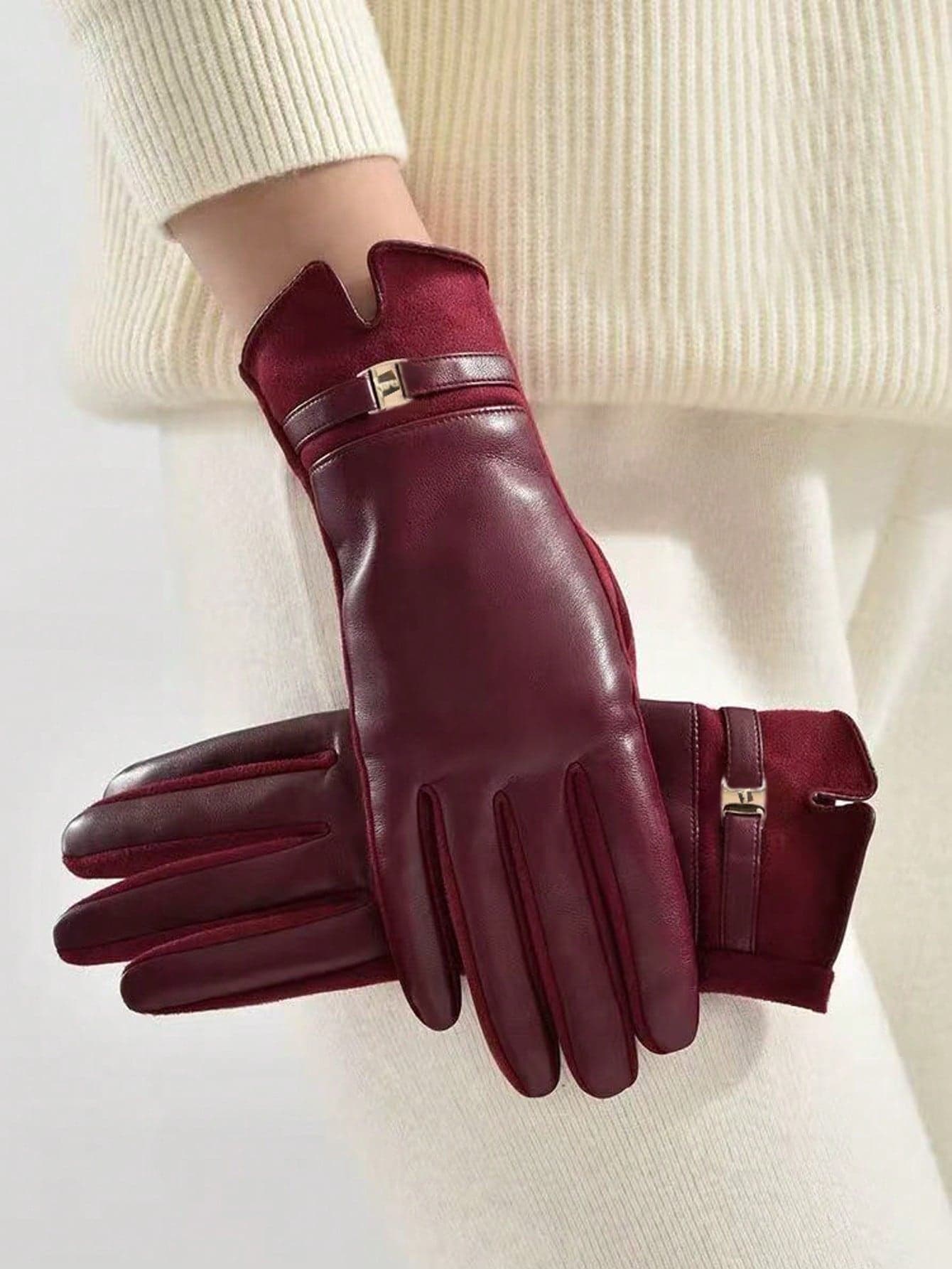 1 Pair Women's Elegant Solid Color PU Rivet Inlaid Casual Street Gloves, Suitable For Mature Women Outdoor Sports, Autumn/Winter, Halloween